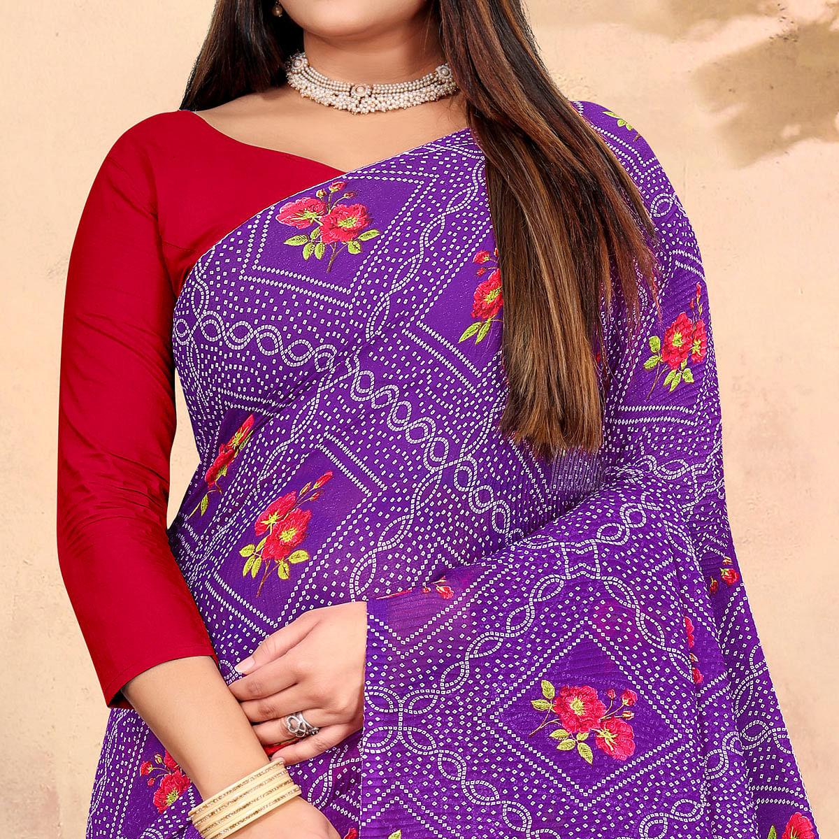 Purple Bandhani Printed Georgette Saree - Peachmode