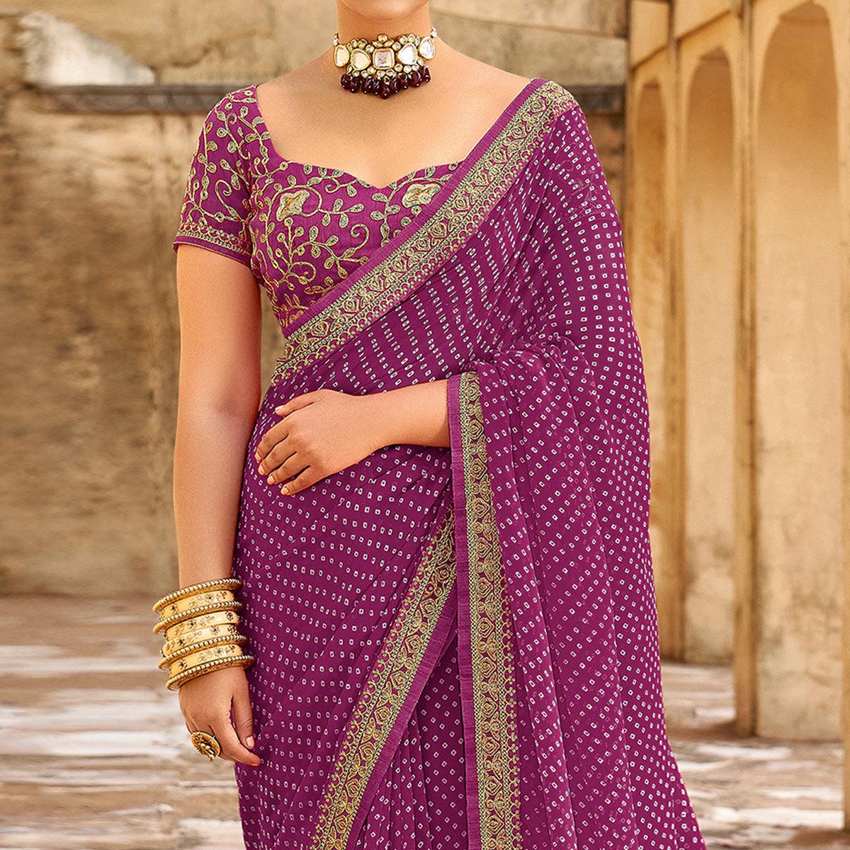 Purple Bandhani Printed Georgette Saree - Peachmode