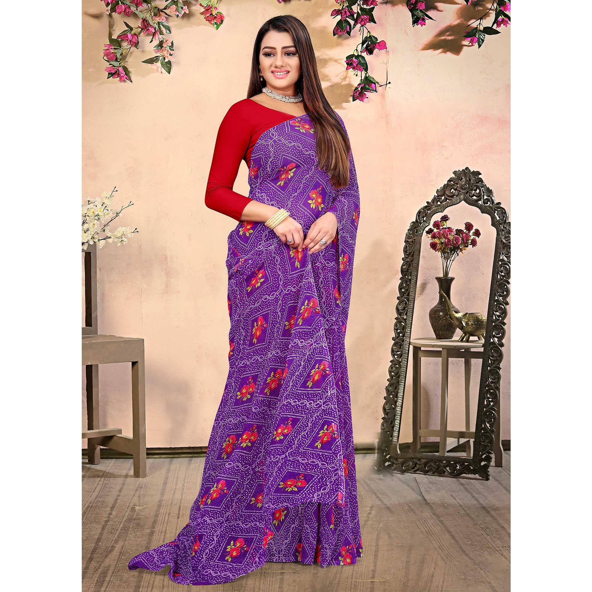 Purple Bandhani Printed Georgette Saree - Peachmode