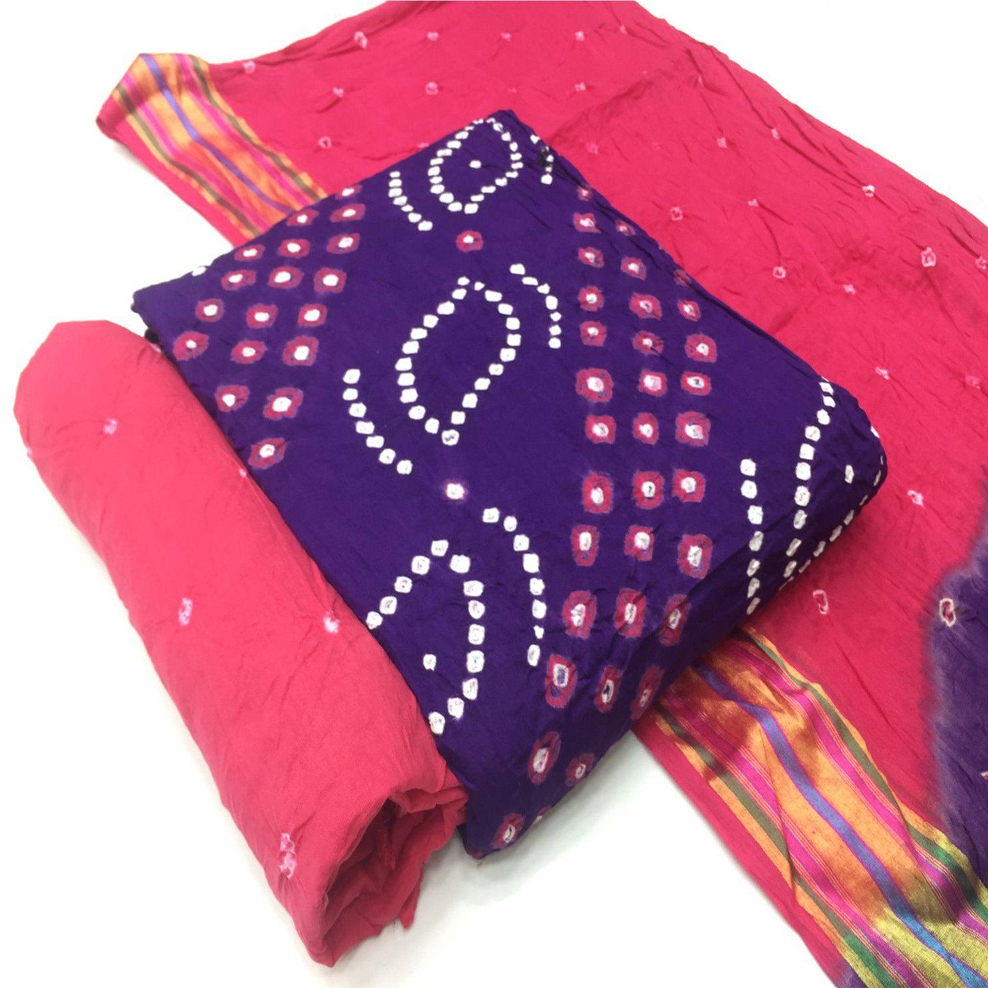 Purple Bandhani Printed Pure Cotton Dress Material - Peachmode