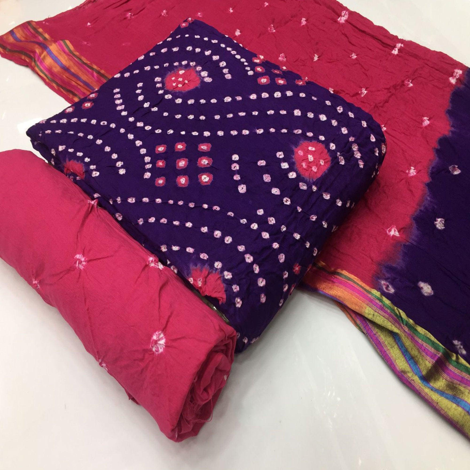 Purple Bandhani Printed Pure Cotton Dress Material - Peachmode