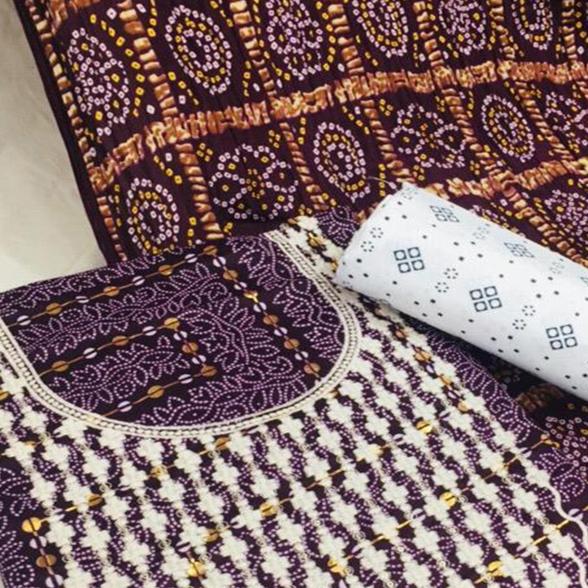 Purple Bandhani Printed With Embellished Cotton Blend Dress Material - Peachmode