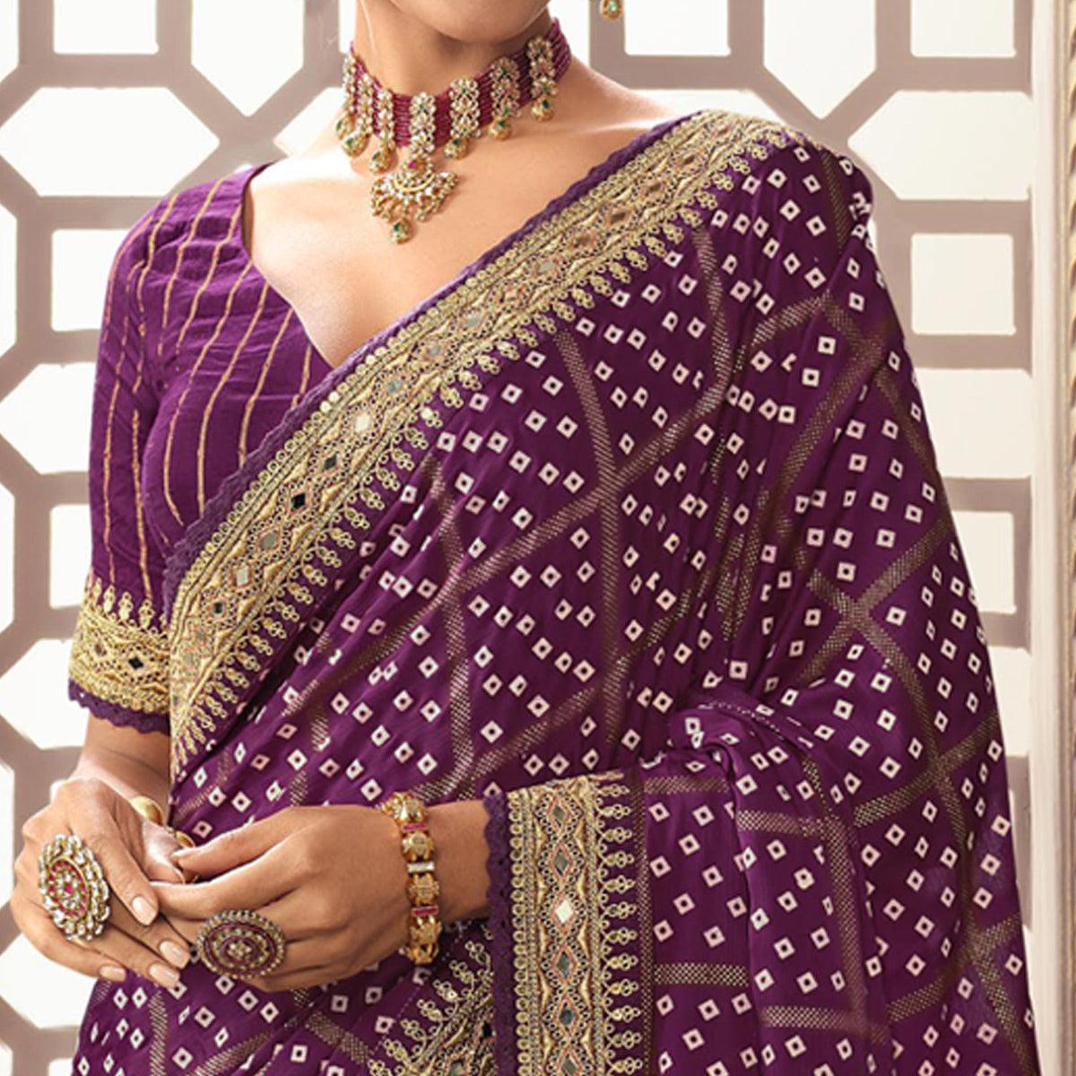 Purple Bandhani Printed With Fancy Border Organza Saree - Peachmode