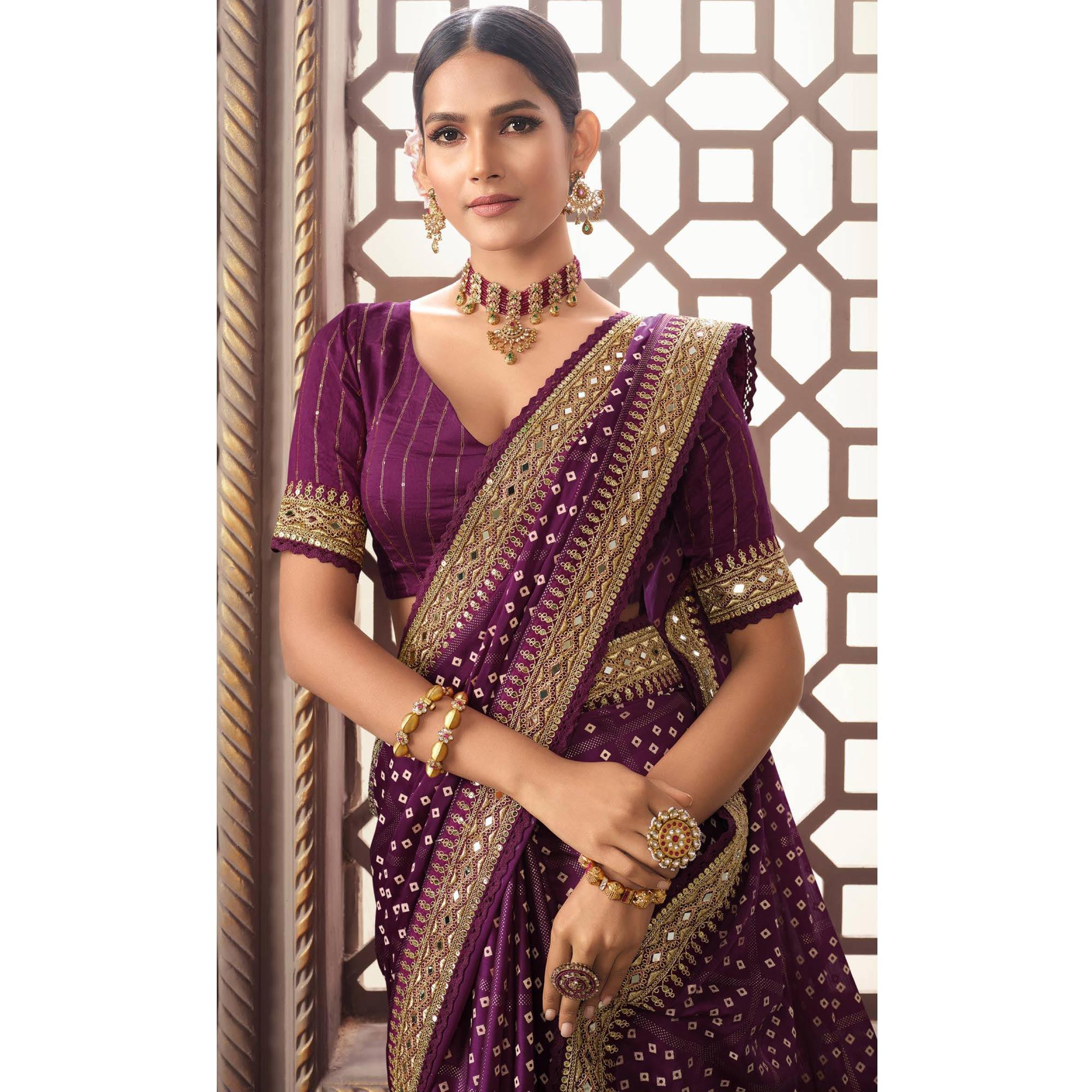 Purple Bandhani Printed With Fancy Border Organza Saree - Peachmode