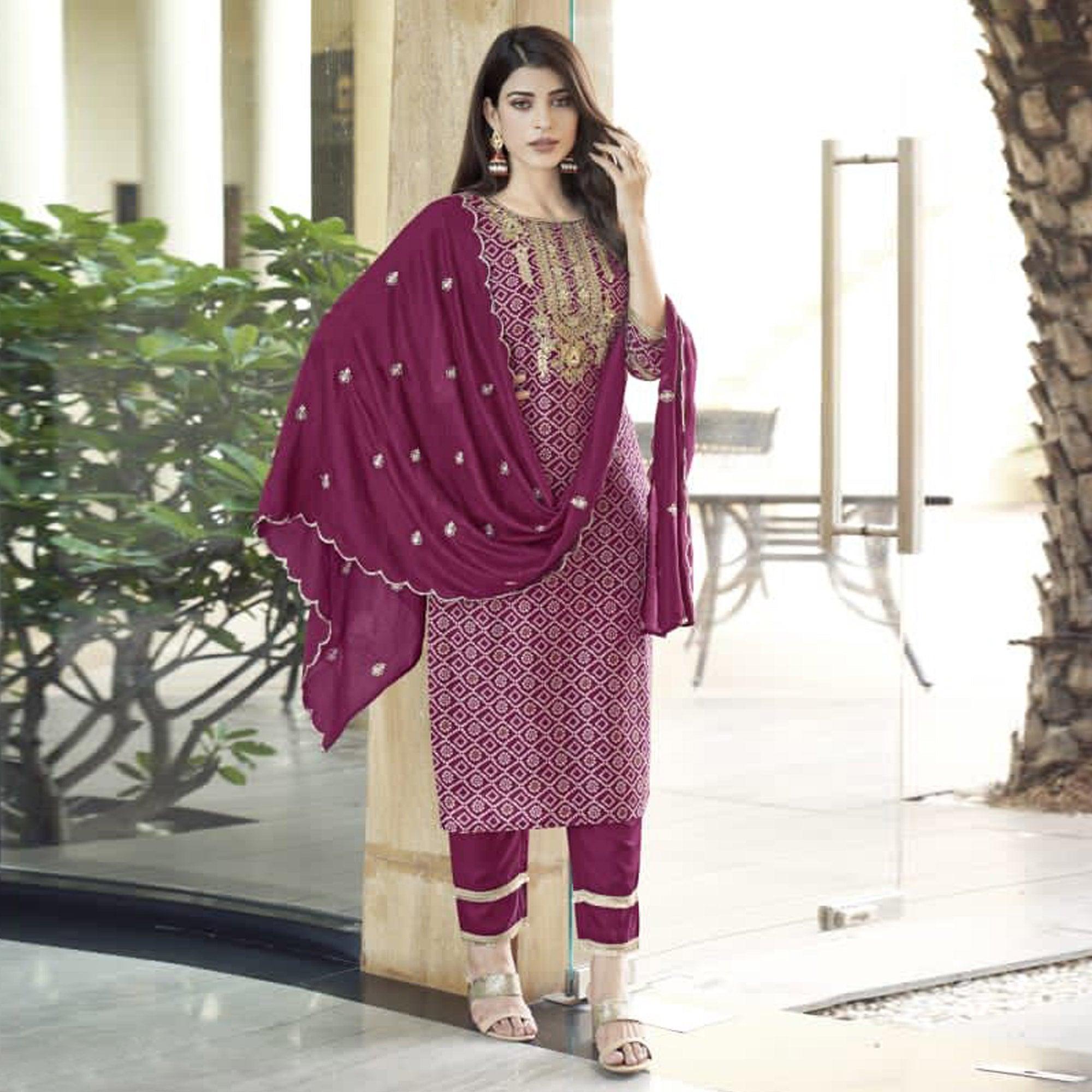 Purple Bandhani Printed With Gota Patti Muslin Salwar Suit - Peachmode