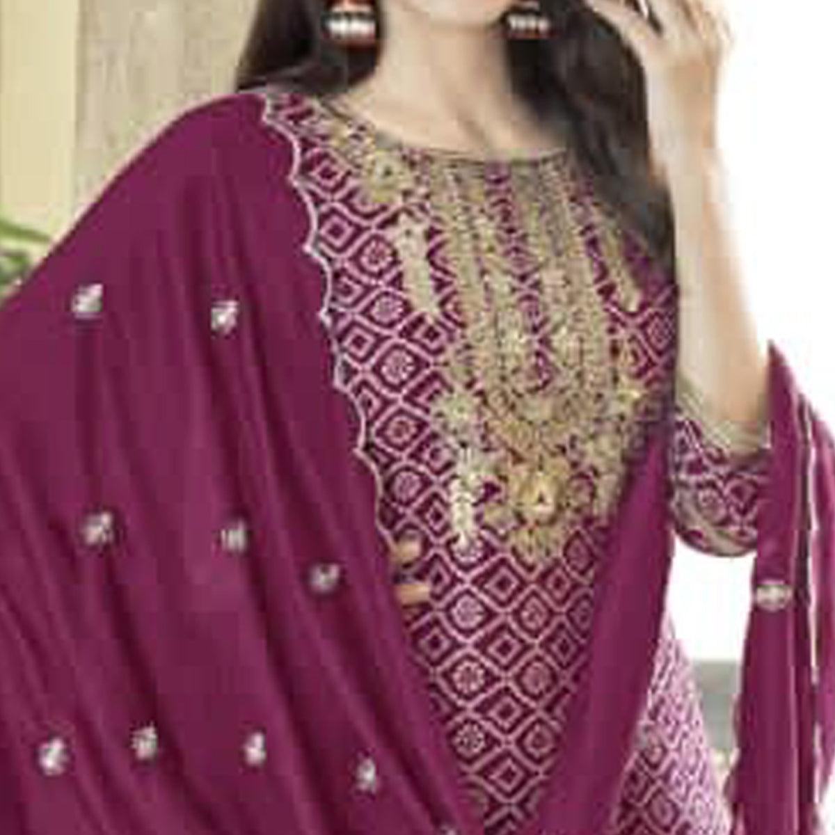 Purple Bandhani Printed With Gota Patti Muslin Salwar Suit - Peachmode