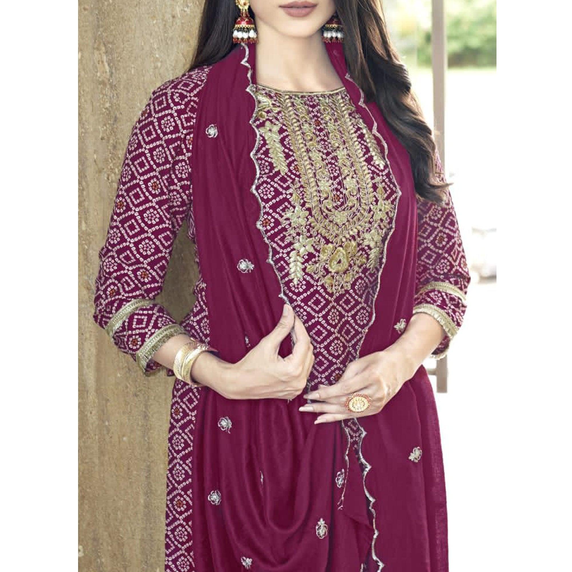 Purple Bandhani Printed With Gota Patti Muslin Salwar Suit - Peachmode