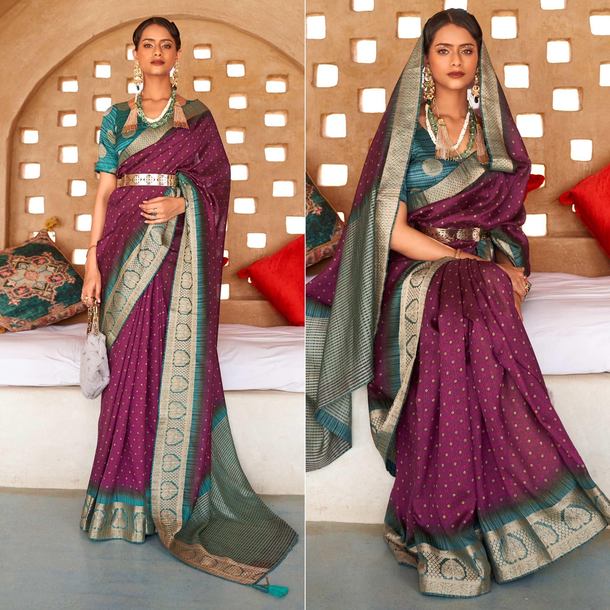 Purple Bandhani Printed With Woven Border Art Silk Saree - Peachmode