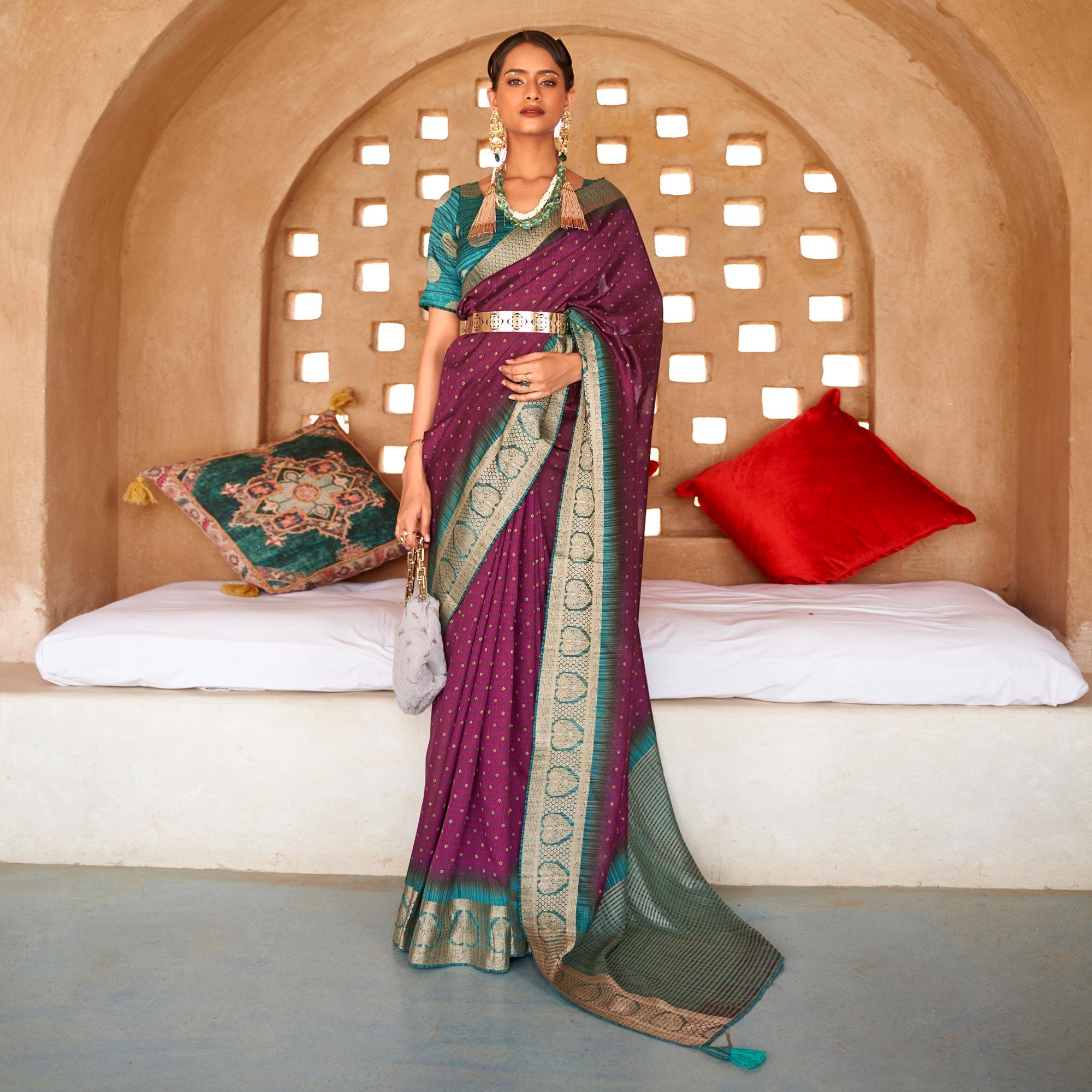 Purple Bandhani Printed With Woven Border Art Silk Saree - Peachmode