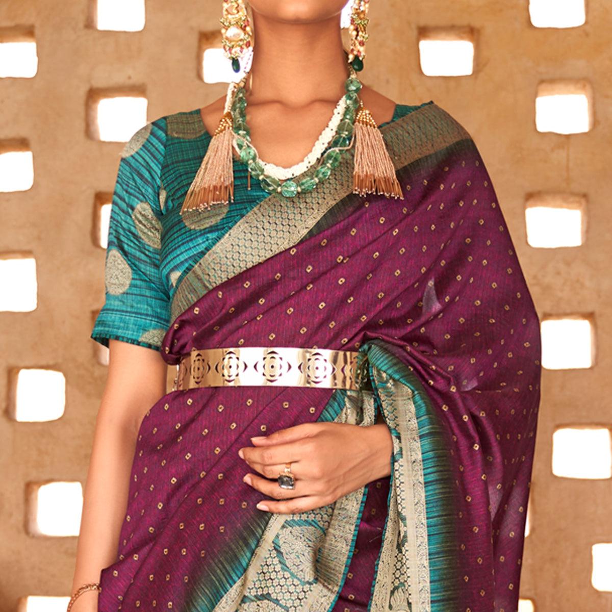 Purple Bandhani Printed With Woven Border Art Silk Saree - Peachmode