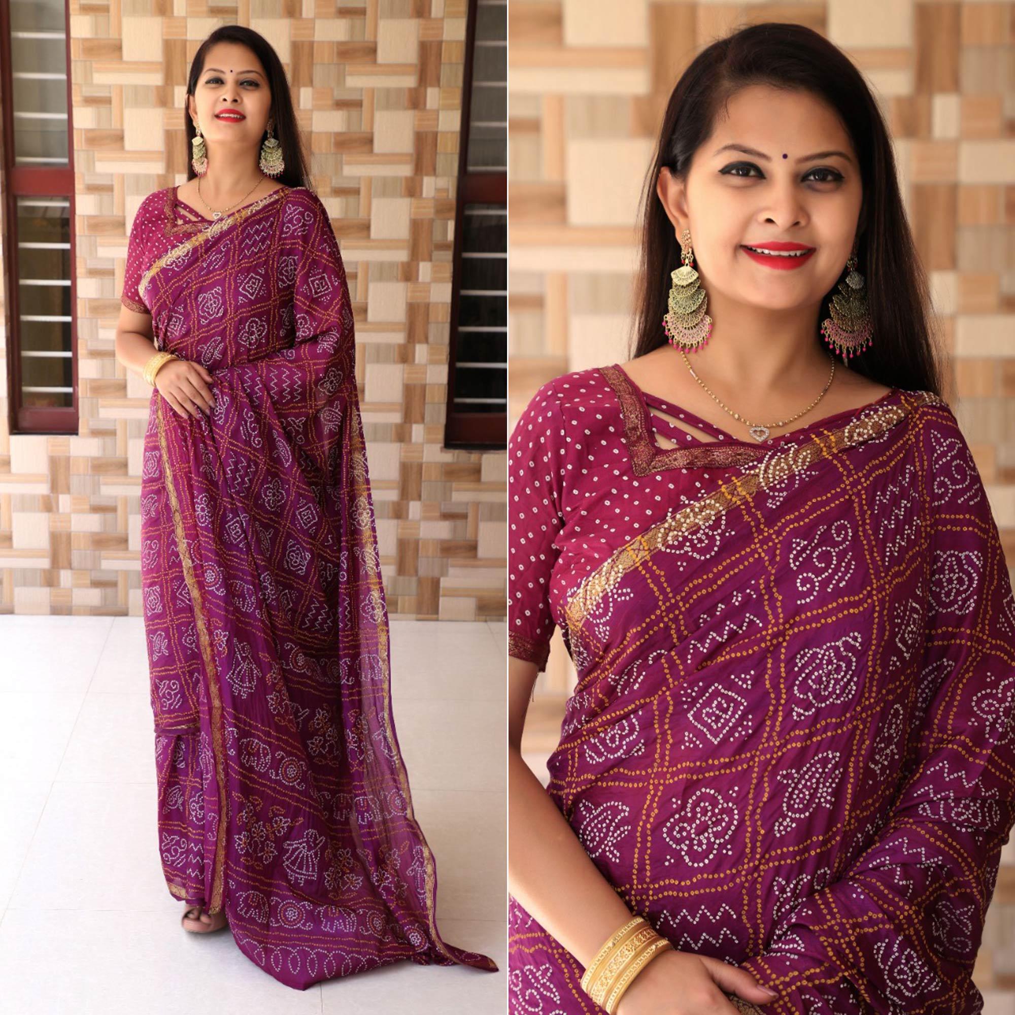 Purple Bandhani Printed With Woven Border Tapetta Silk Saree - Peachmode