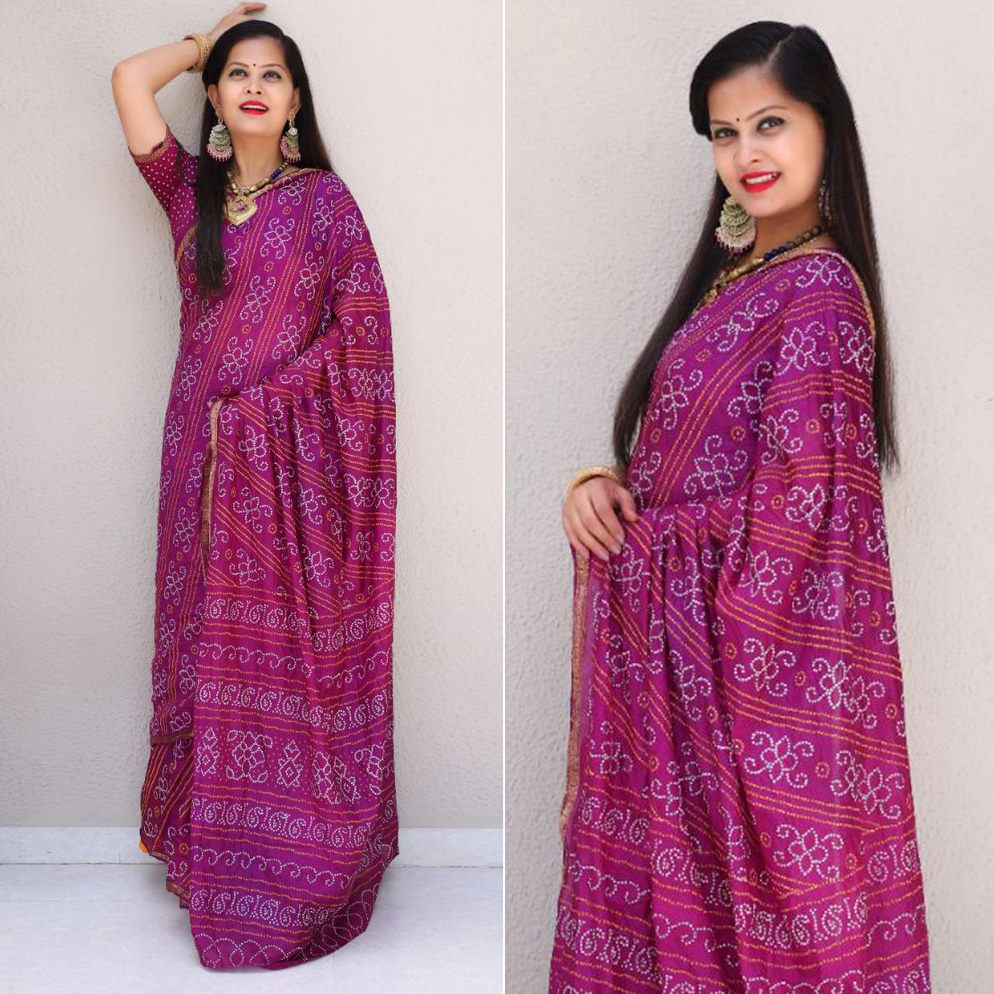 Purple Bandhani Printed With Woven Border Tapetta Silk Saree - Peachmode