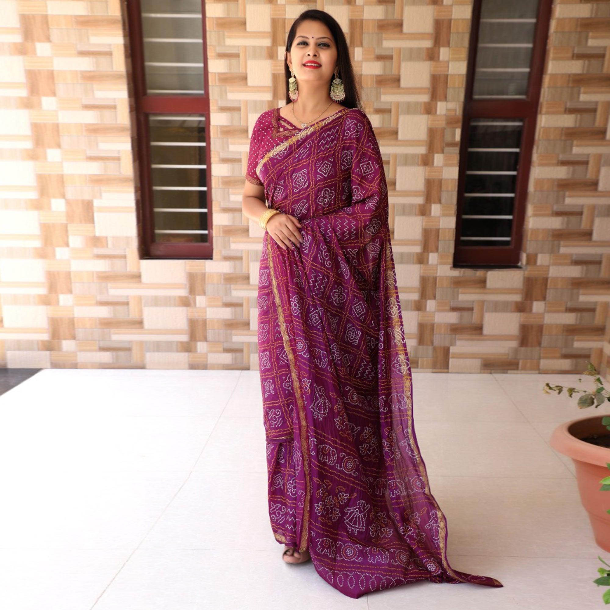 Purple Bandhani Printed With Woven Border Tapetta Silk Saree - Peachmode