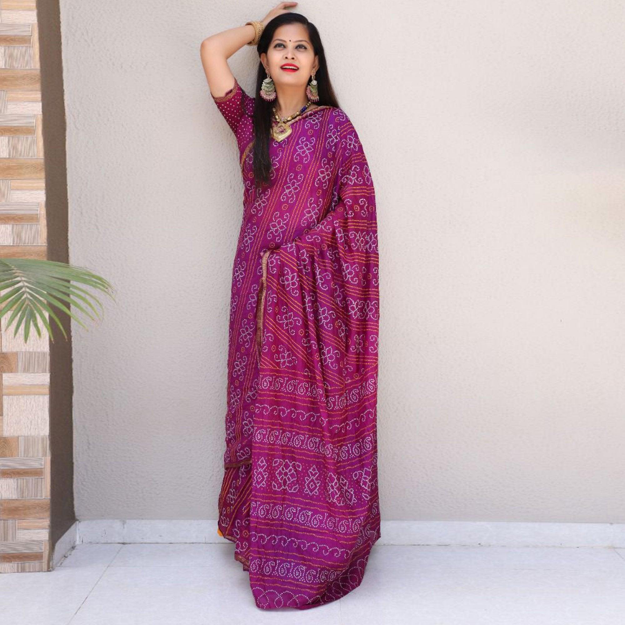 Purple Bandhani Printed With Woven Border Tapetta Silk Saree - Peachmode