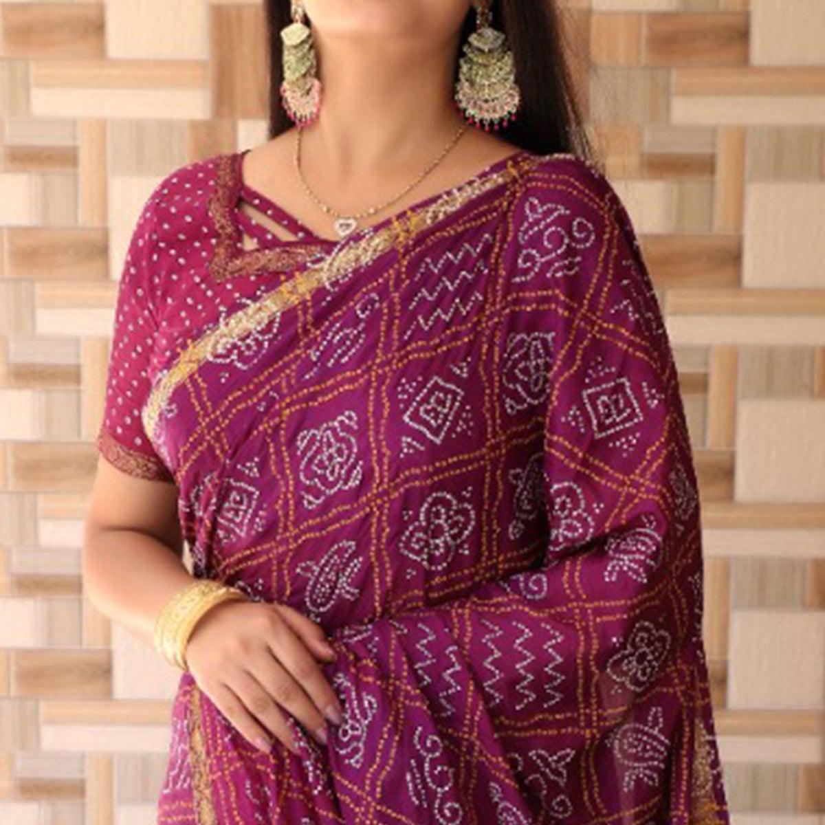 Purple Bandhani Printed With Woven Border Tapetta Silk Saree - Peachmode