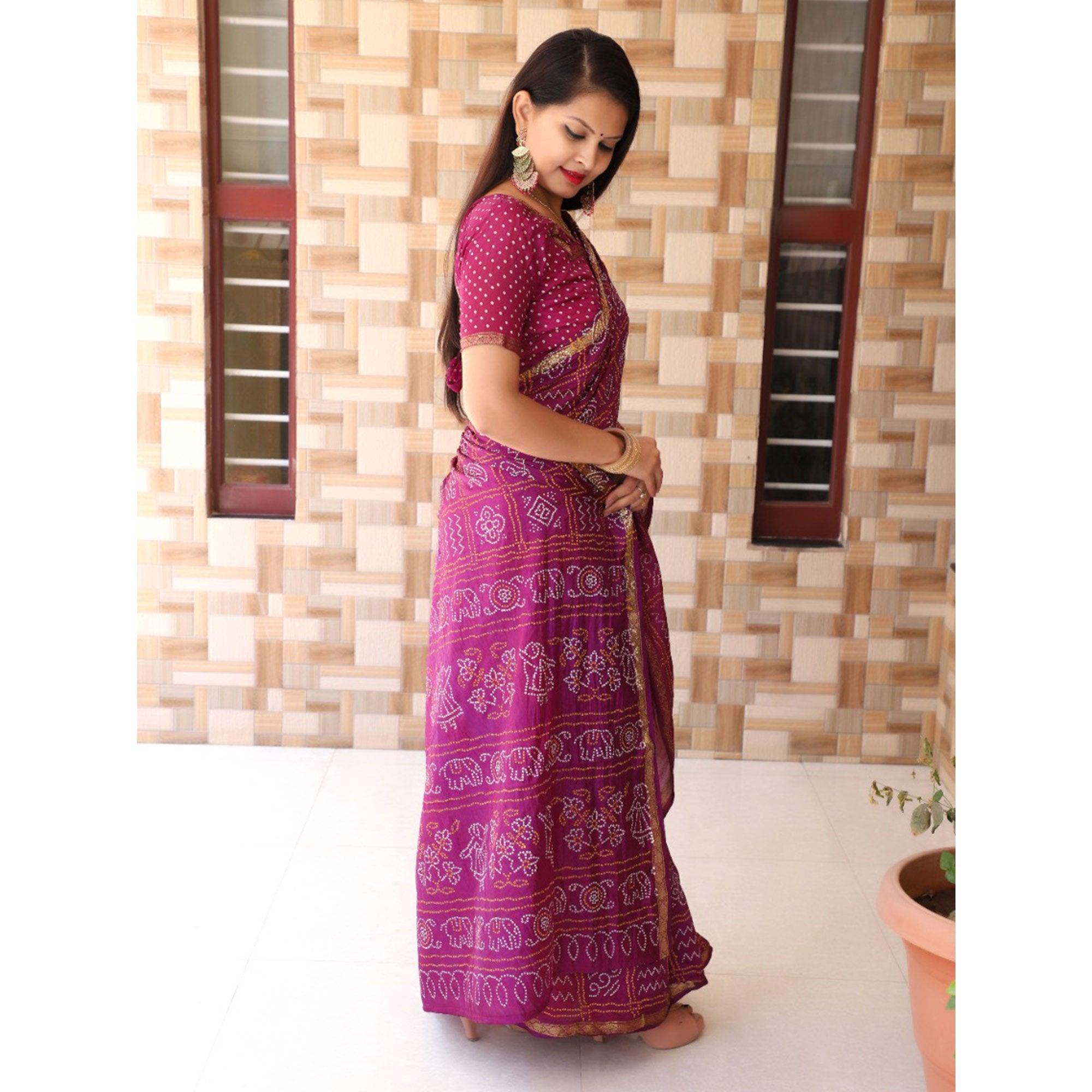Purple Bandhani Printed With Woven Border Tapetta Silk Saree - Peachmode