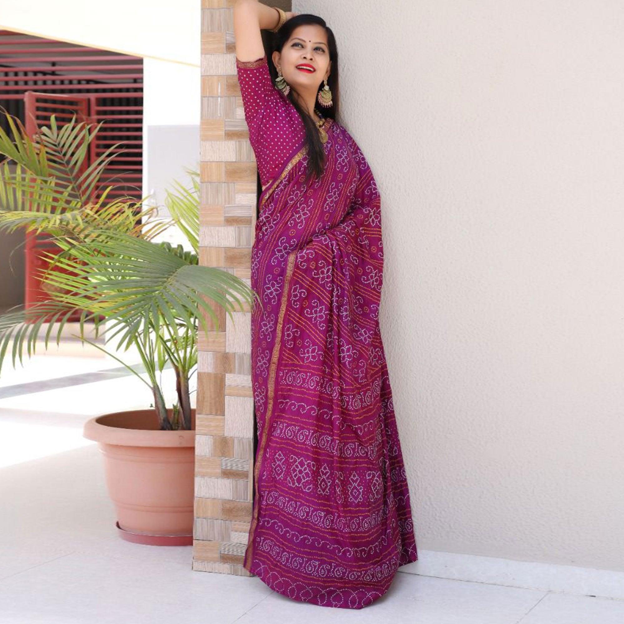 Purple Bandhani Printed With Woven Border Tapetta Silk Saree - Peachmode