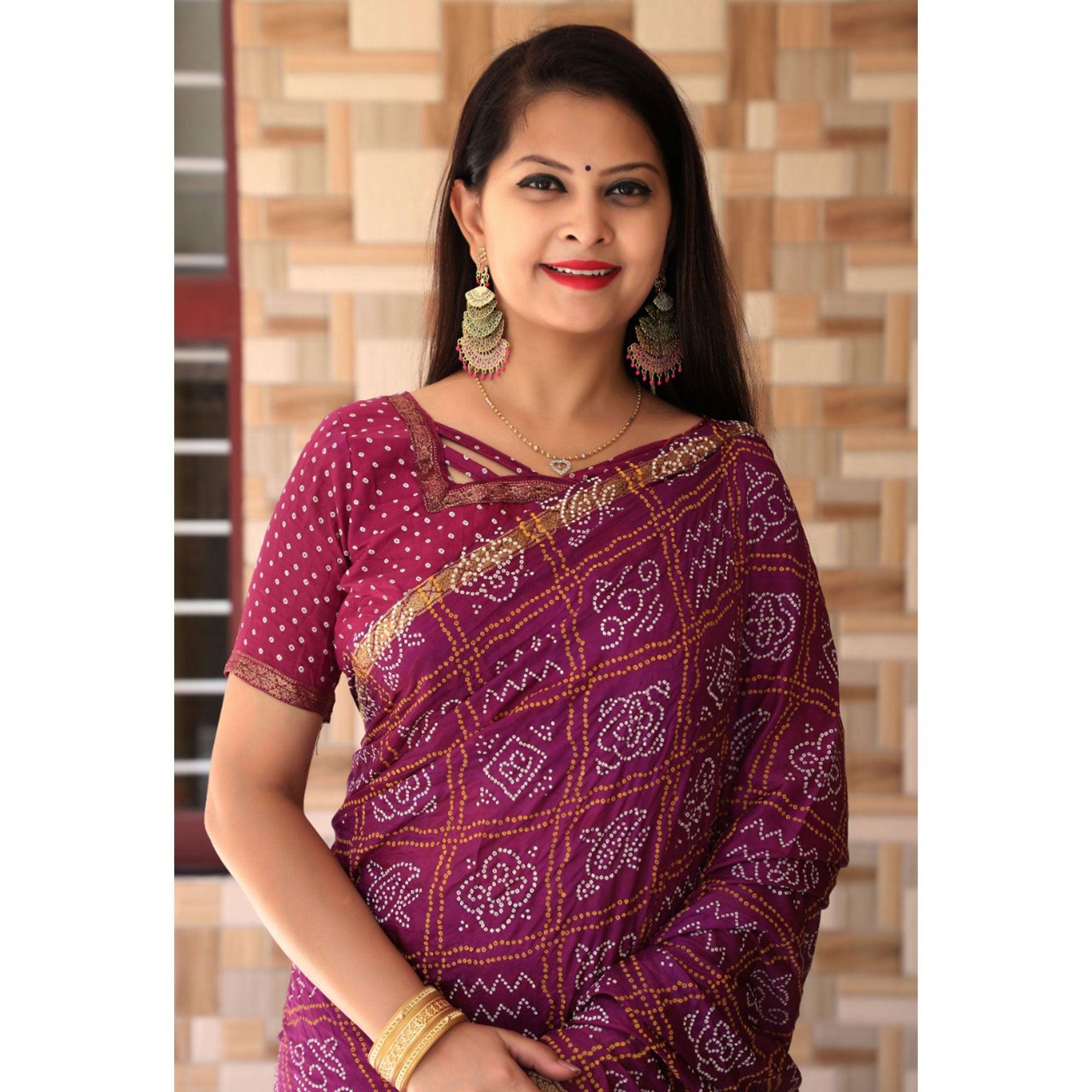 Purple Bandhani Printed With Woven Border Tapetta Silk Saree - Peachmode