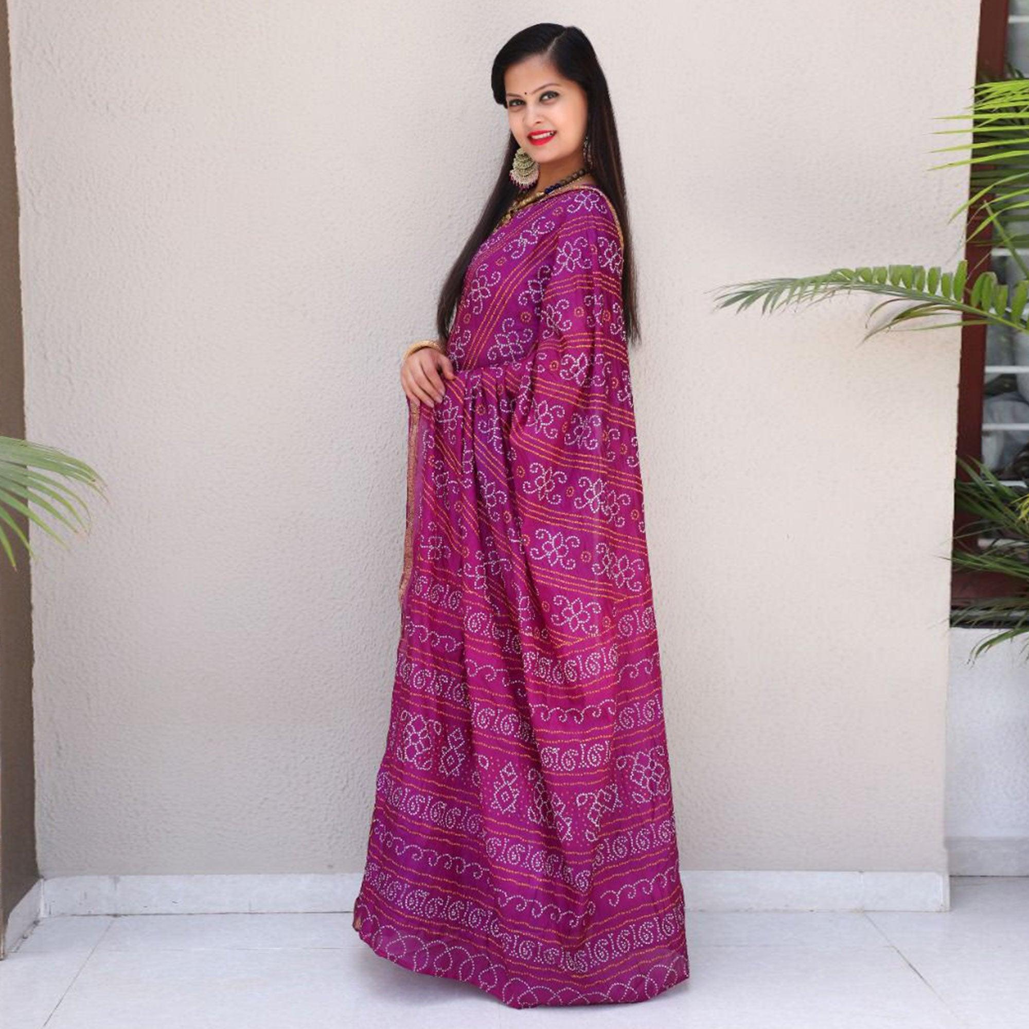 Purple Bandhani Printed With Woven Border Tapetta Silk Saree - Peachmode
