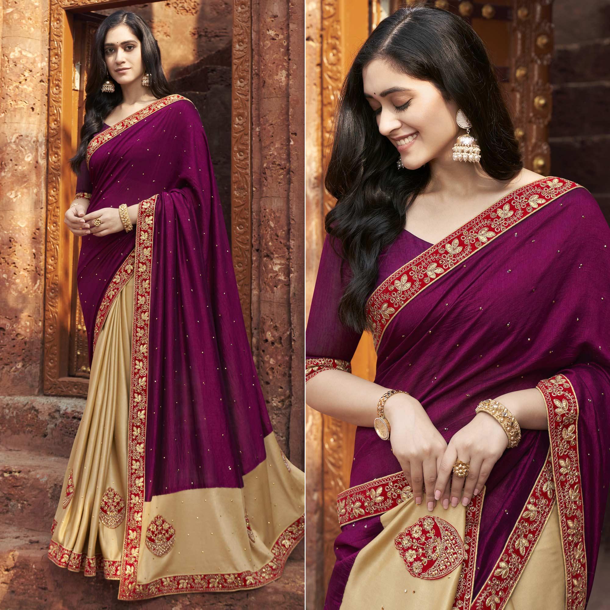Purple-Beige Embroidered With Embellished Fancy Fabric Half & Half Saree - Peachmode