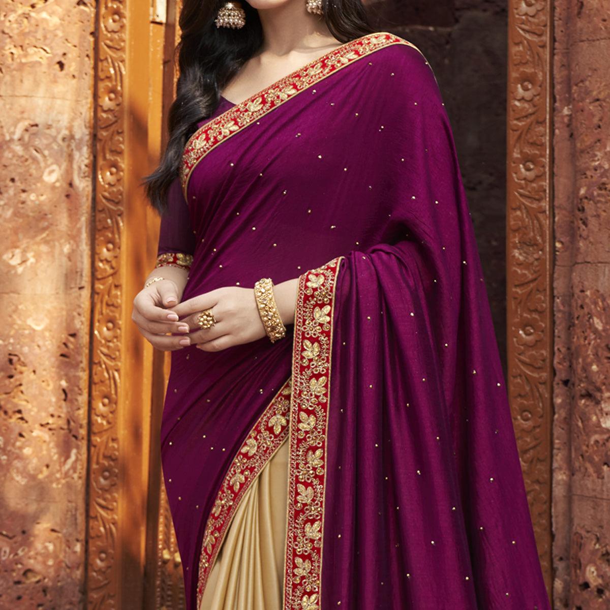 Purple-Beige Embroidered With Embellished Fancy Fabric Half & Half Saree - Peachmode