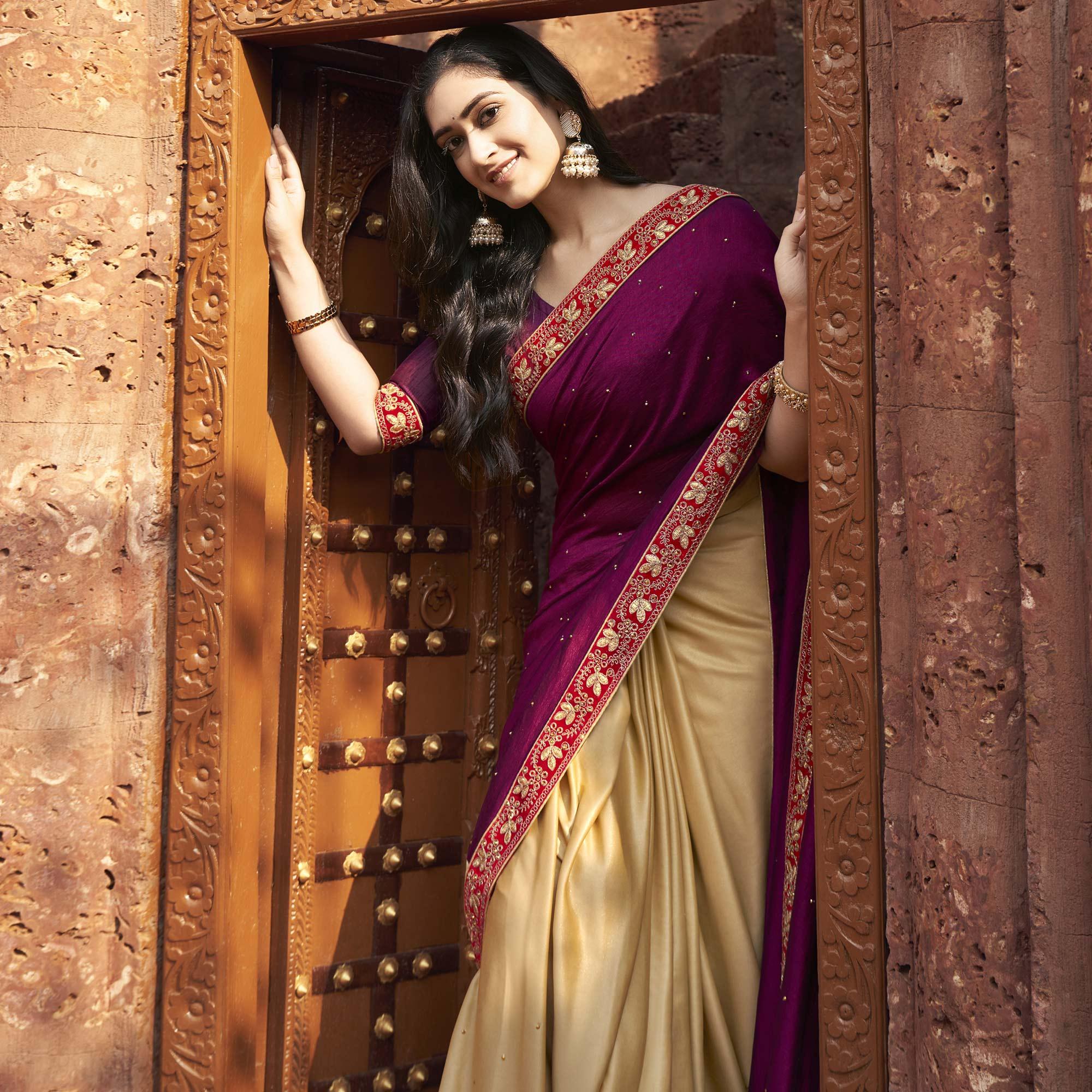 Purple-Beige Embroidered With Embellished Fancy Fabric Half & Half Saree - Peachmode