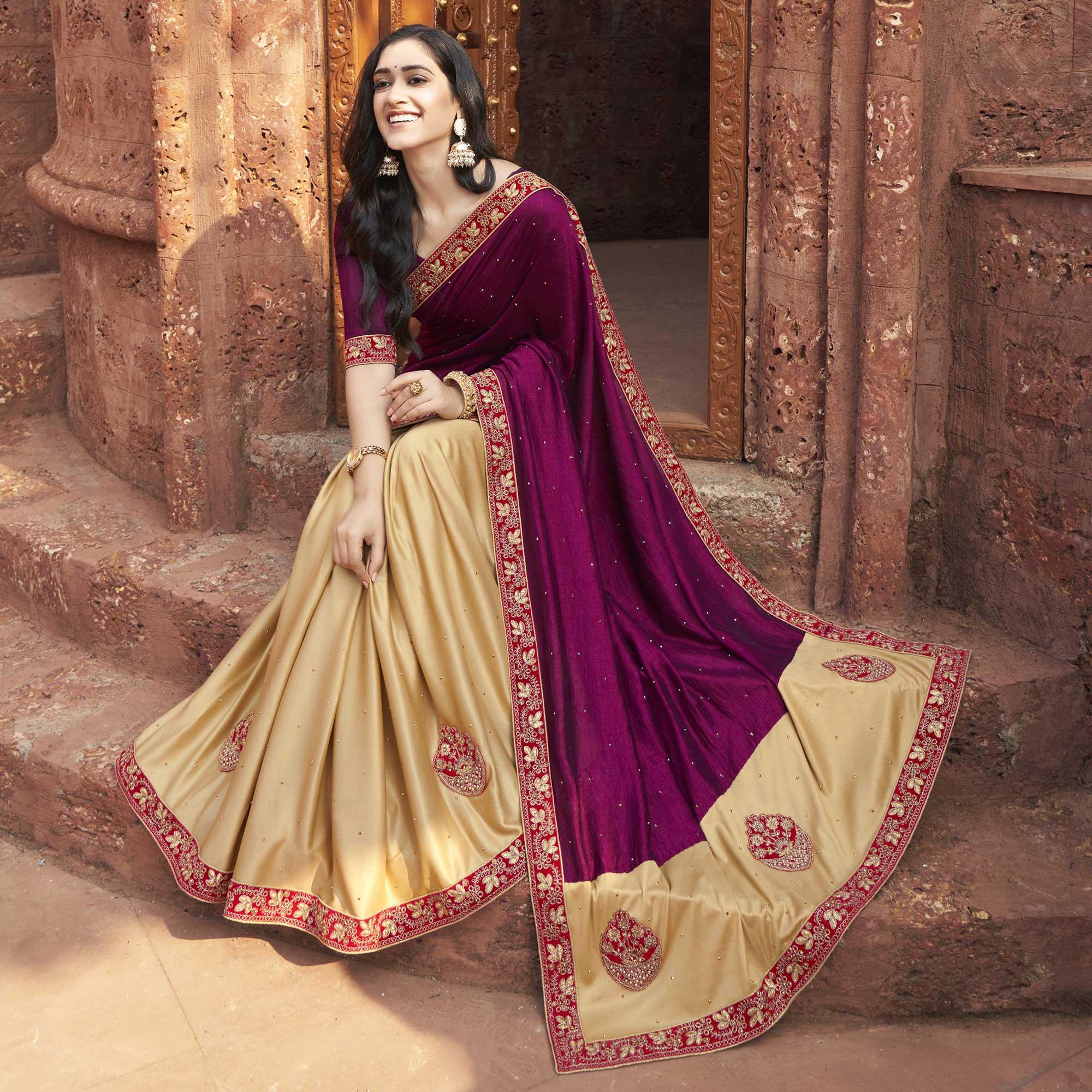 Purple-Beige Embroidered With Embellished Fancy Fabric Half & Half Saree - Peachmode