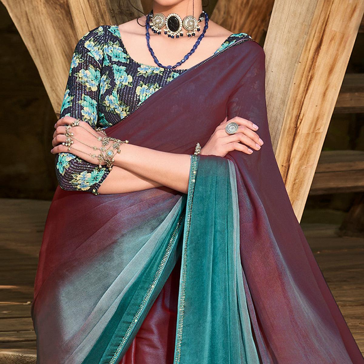 Purple-Blue Solid Chiffon Saree - Peachmode