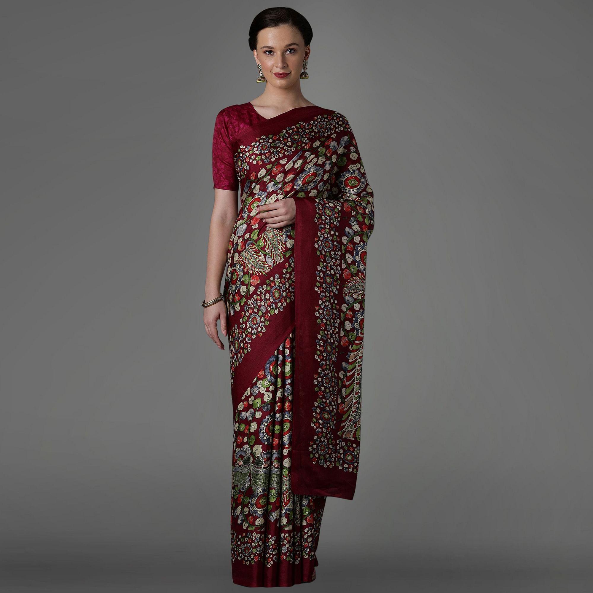 Purple Casual Art Silk Printed Saree With Unstitched Blouse - Peachmode