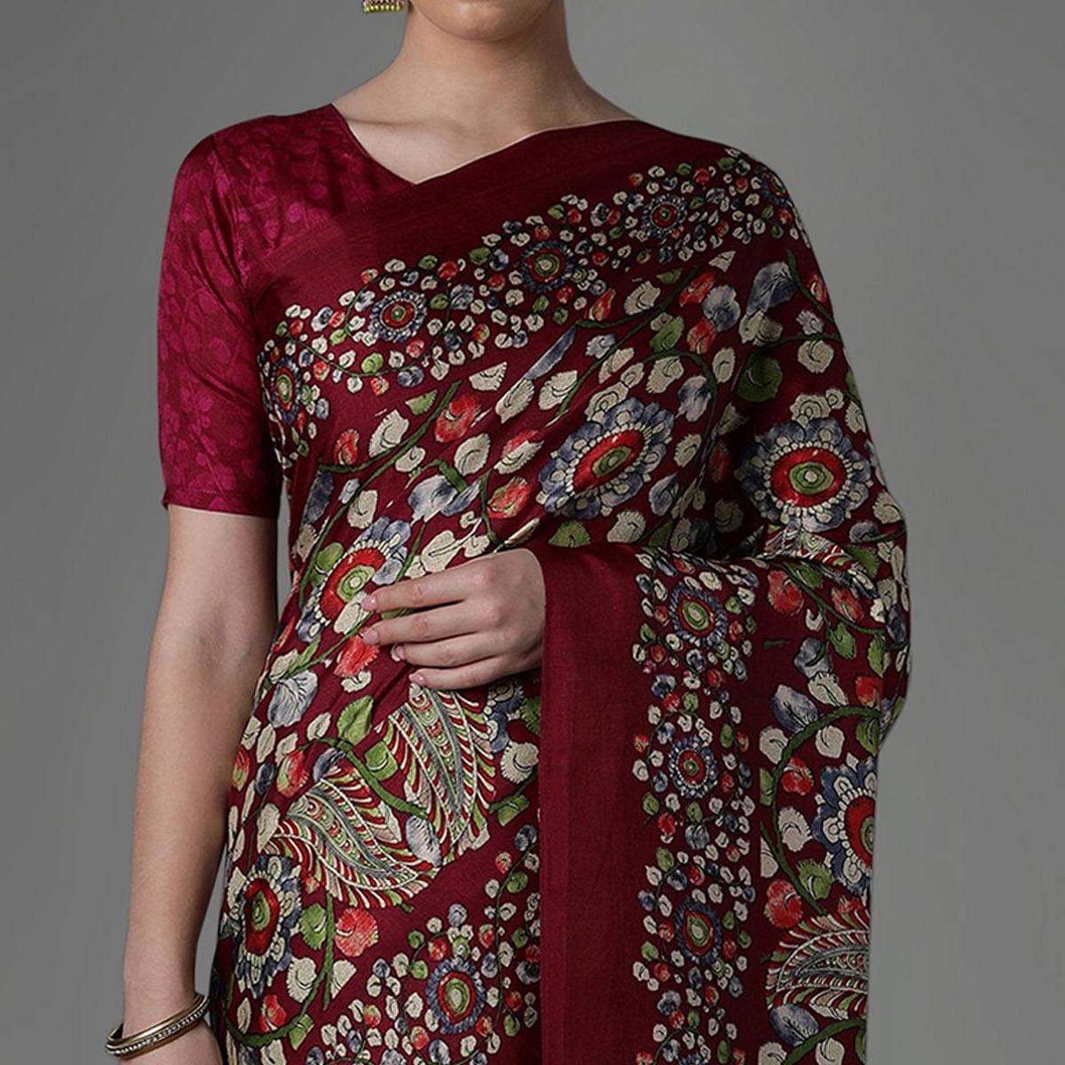 Purple Casual Art Silk Printed Saree With Unstitched Blouse - Peachmode