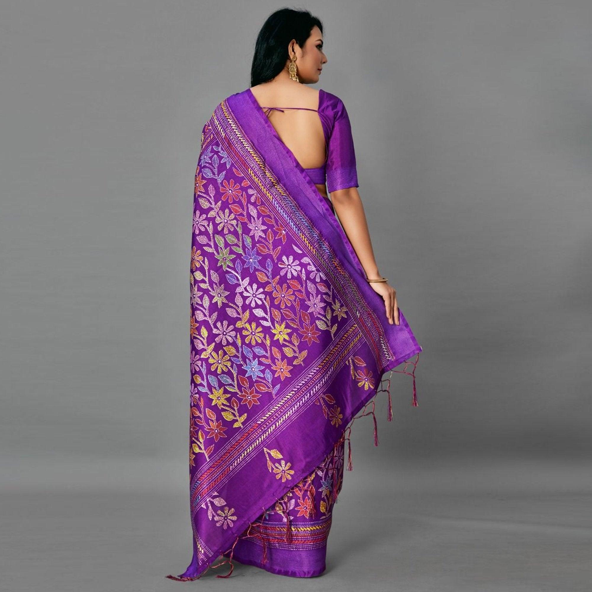 Purple Casual Art Silk Printed Saree With Unstitched Blouse - Peachmode