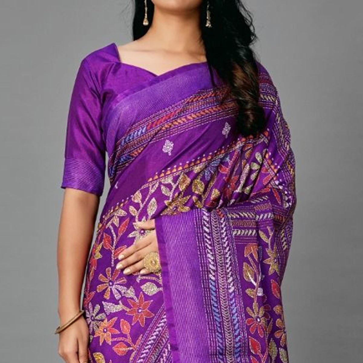 Purple Casual Art Silk Printed Saree With Unstitched Blouse - Peachmode