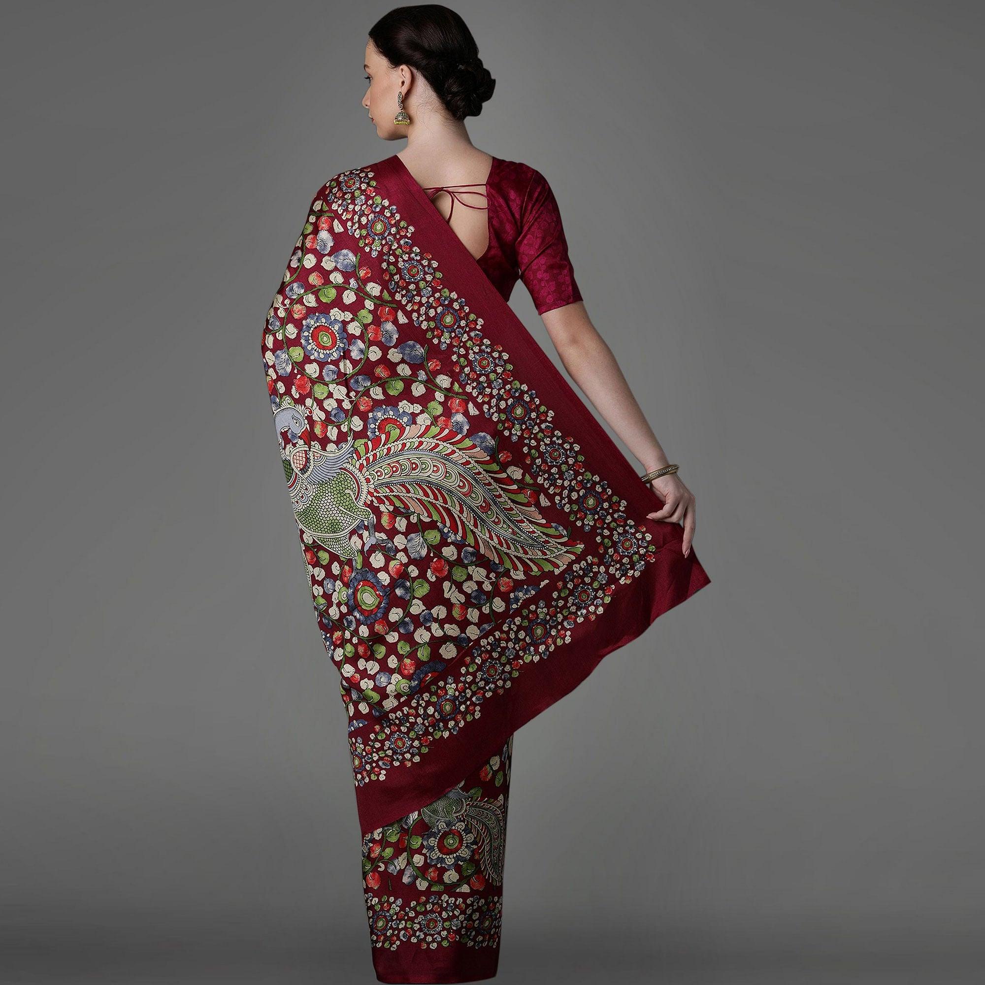 Purple Casual Art Silk Printed Saree With Unstitched Blouse - Peachmode