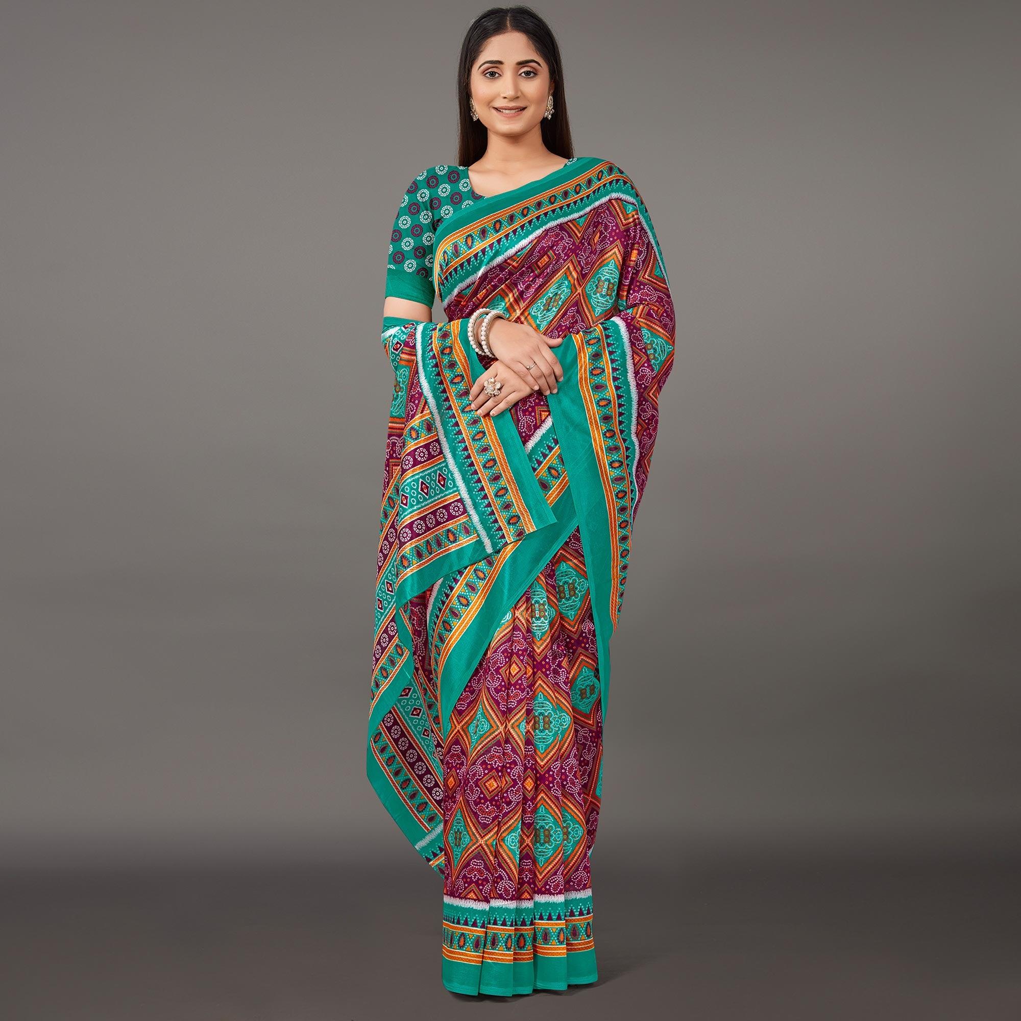 Purple Casual Wear Bandhani Printed Art Silk Saree - Peachmode
