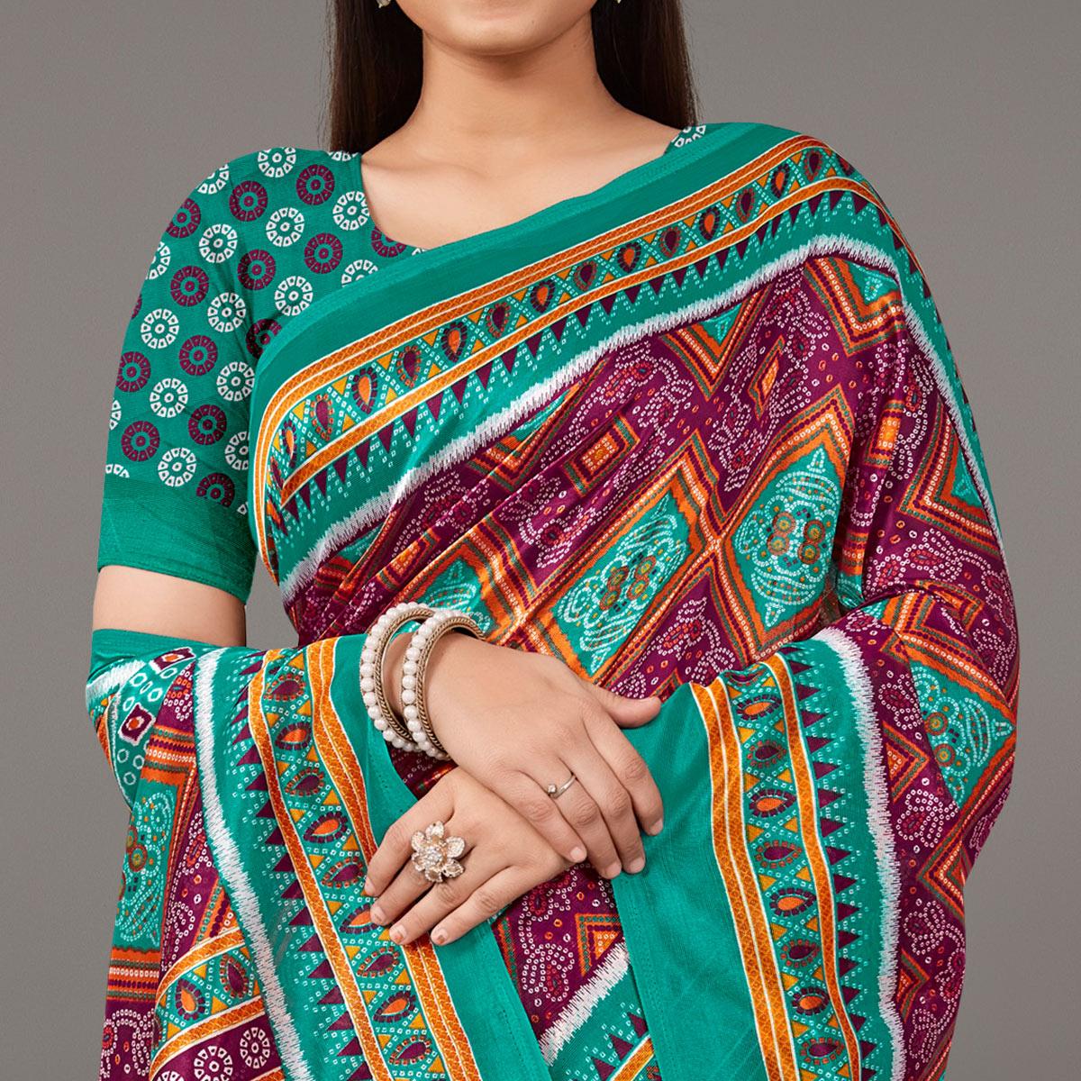 Purple Casual Wear Bandhani Printed Art Silk Saree - Peachmode