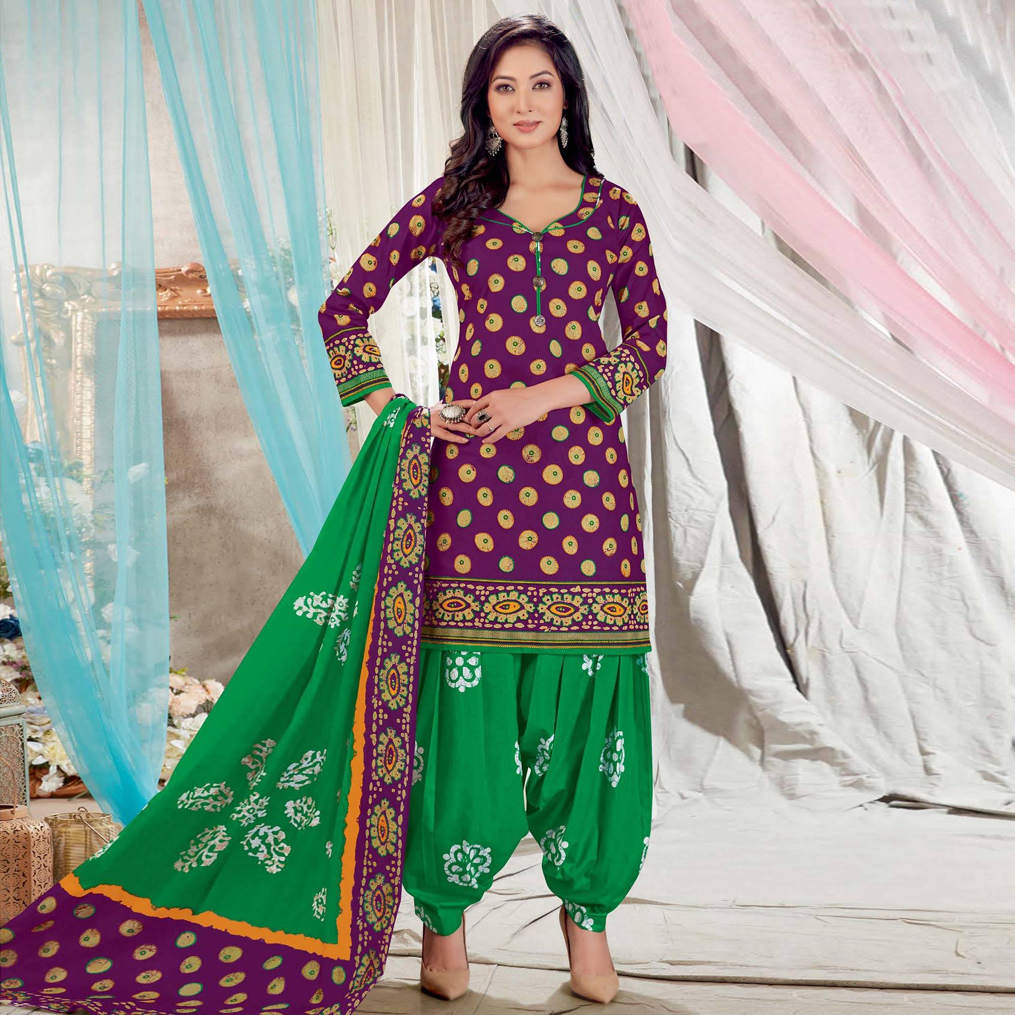 Purple Casual Wear Batik Printed Cotton Patiala Dress Material - Peachmode