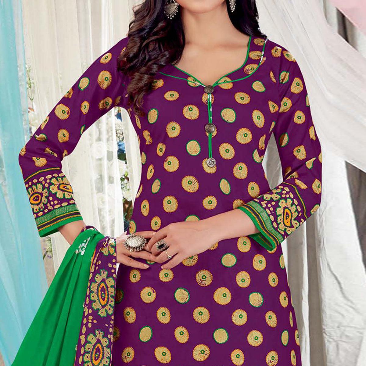 Purple Casual Wear Batik Printed Cotton Patiala Dress Material - Peachmode