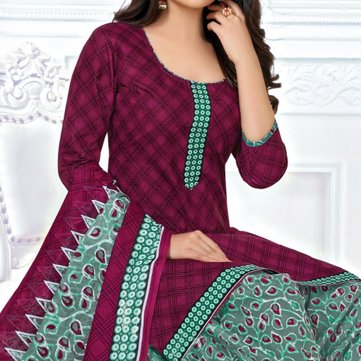 Purple Casual Wear Checks Printed Cotton Patiala Dress Material - Peachmode