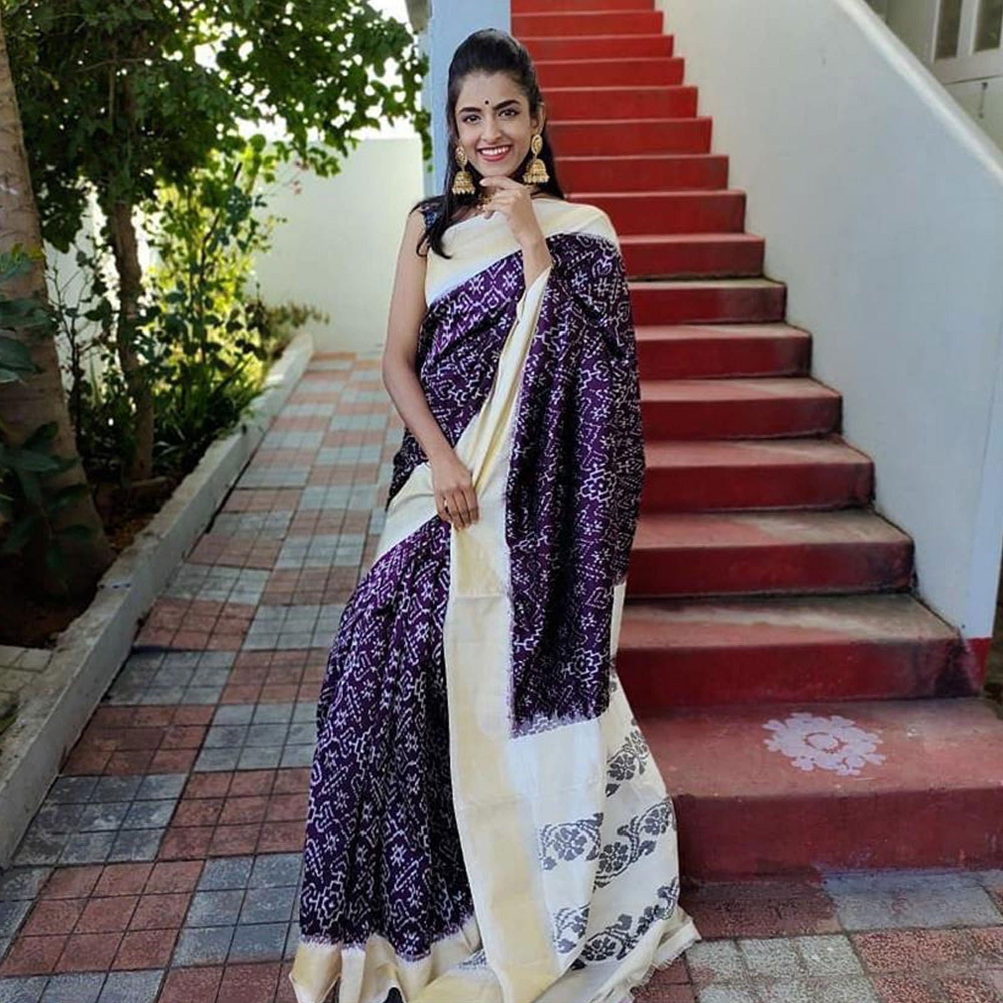 Purple Casual Wear Designer Hand Block Printed Cotton Linen Saree - Peachmode