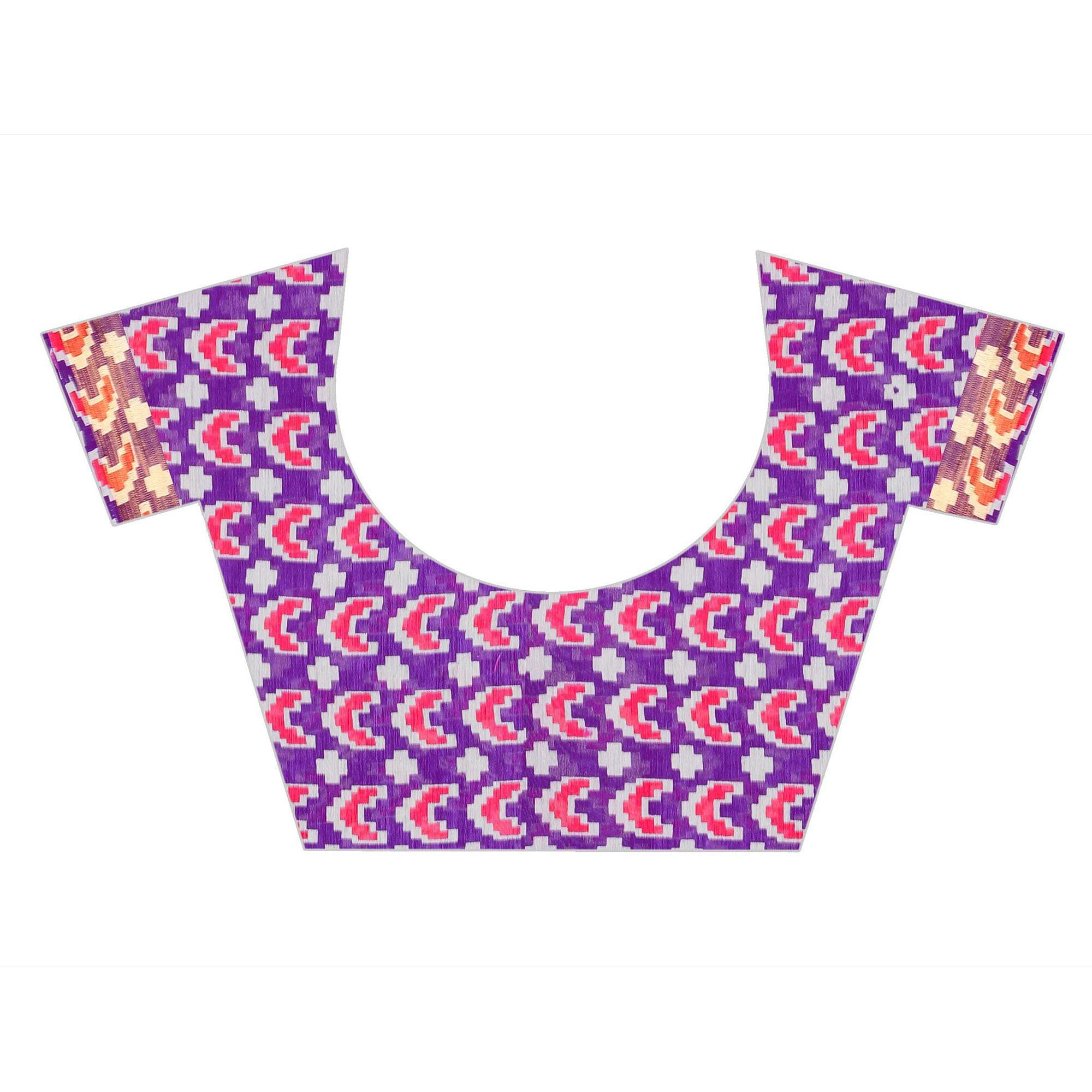 Purple Casual Wear Designer Hand Block Printed Cotton Linen Saree - Peachmode