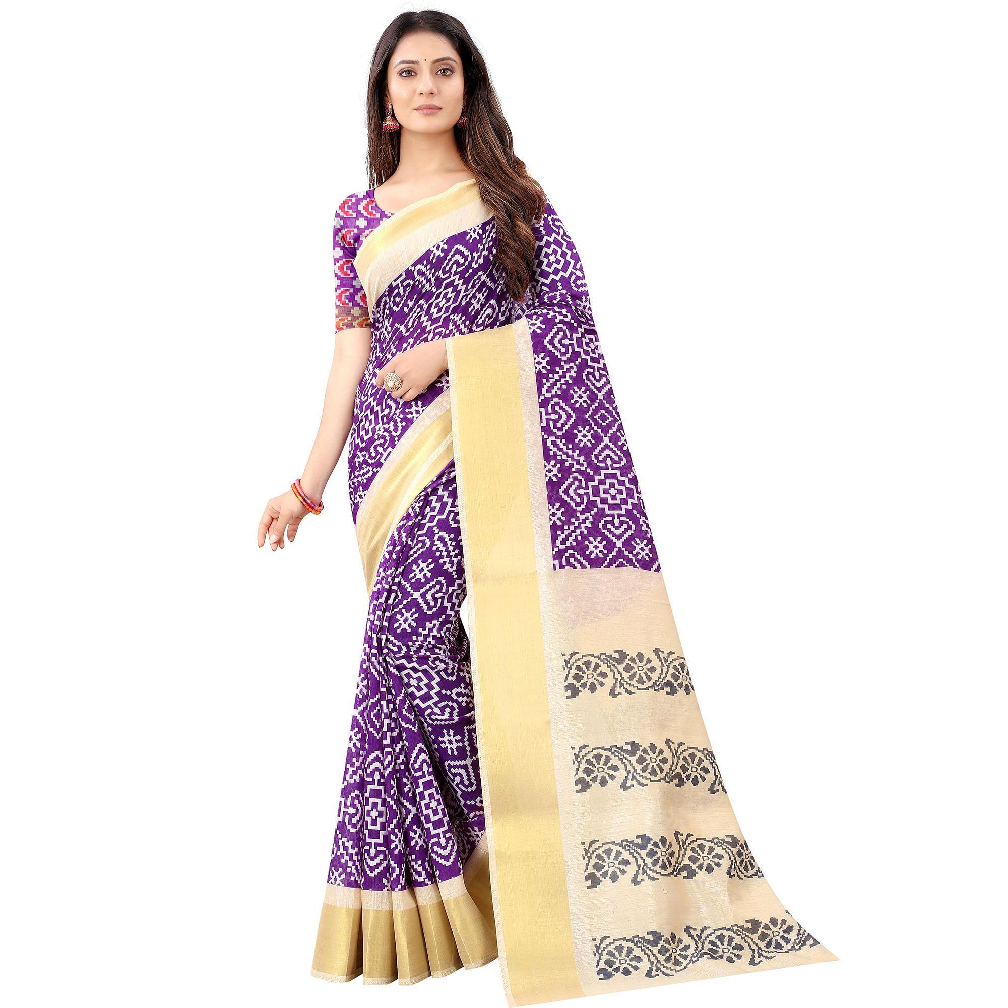 Purple Casual Wear Designer Hand Block Printed Cotton Linen Saree - Peachmode