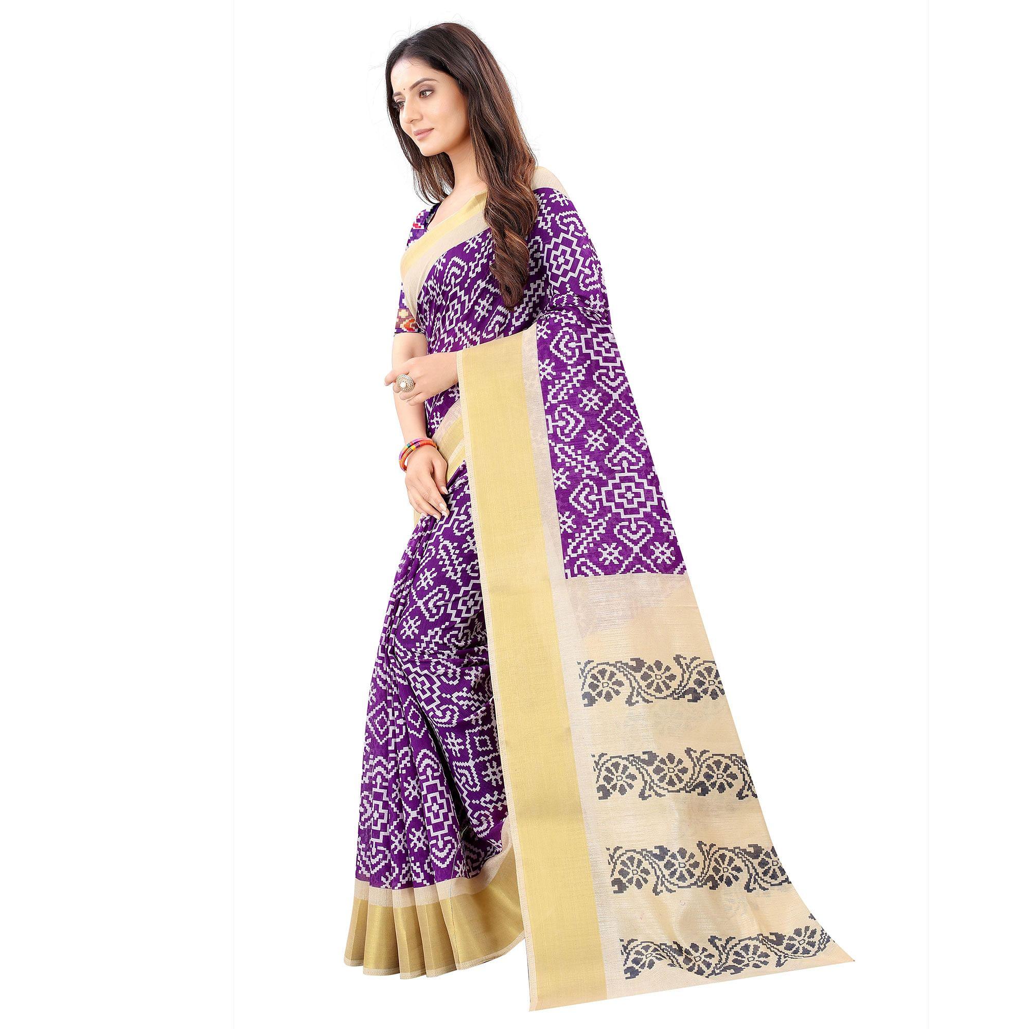 Purple Casual Wear Designer Hand Block Printed Cotton Linen Saree - Peachmode
