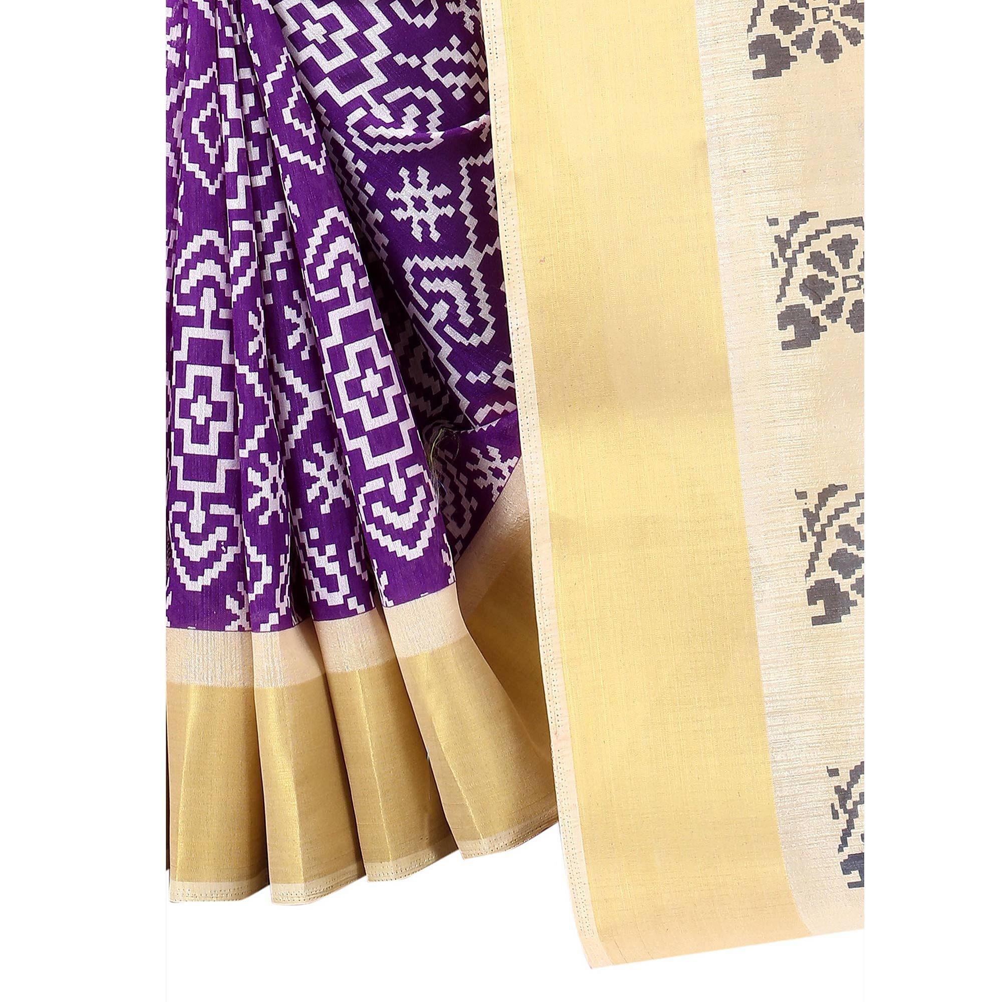 Purple Casual Wear Designer Hand Block Printed Cotton Linen Saree - Peachmode
