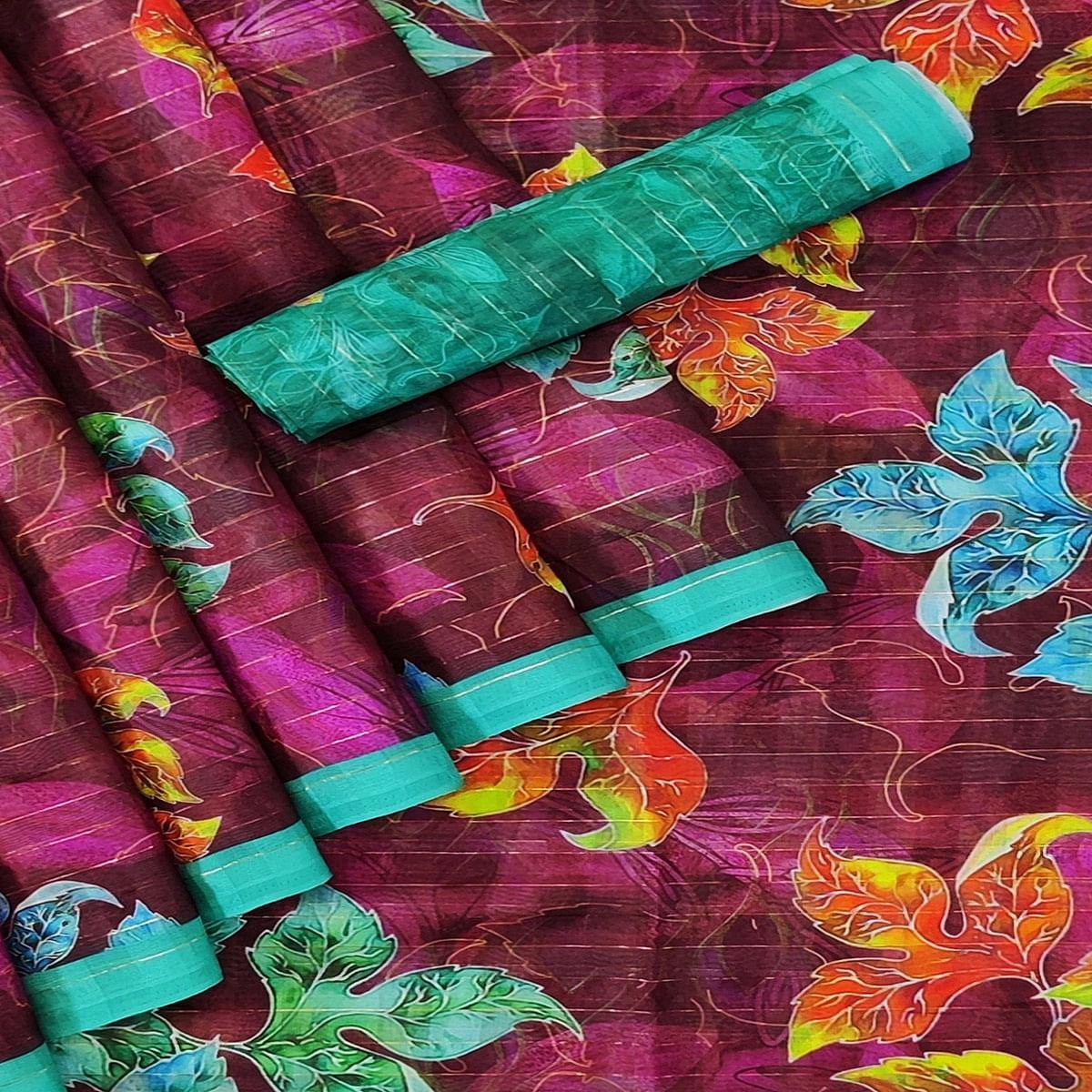 Purple Casual Wear Digital Printed Cotton Silk Saree - Peachmode