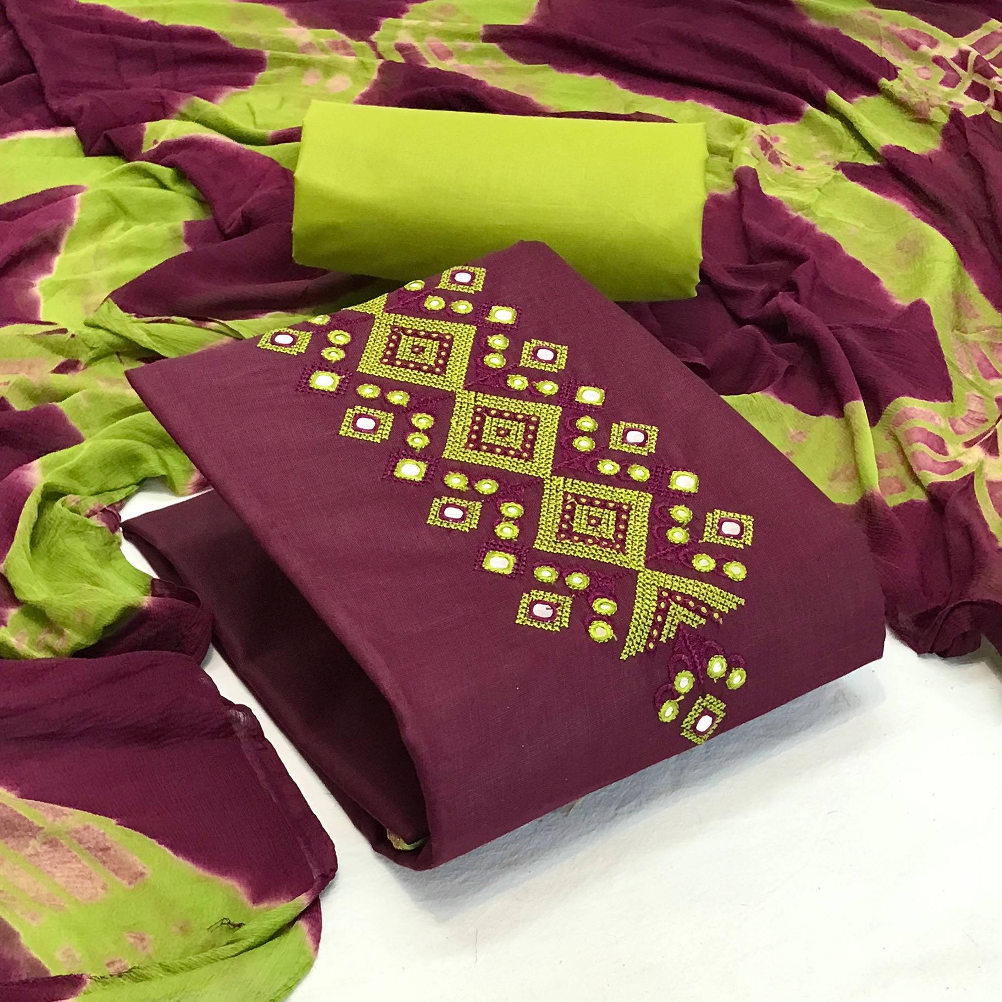 Purple Casual Wear Embroidered Cotton Dress Material - Peachmode
