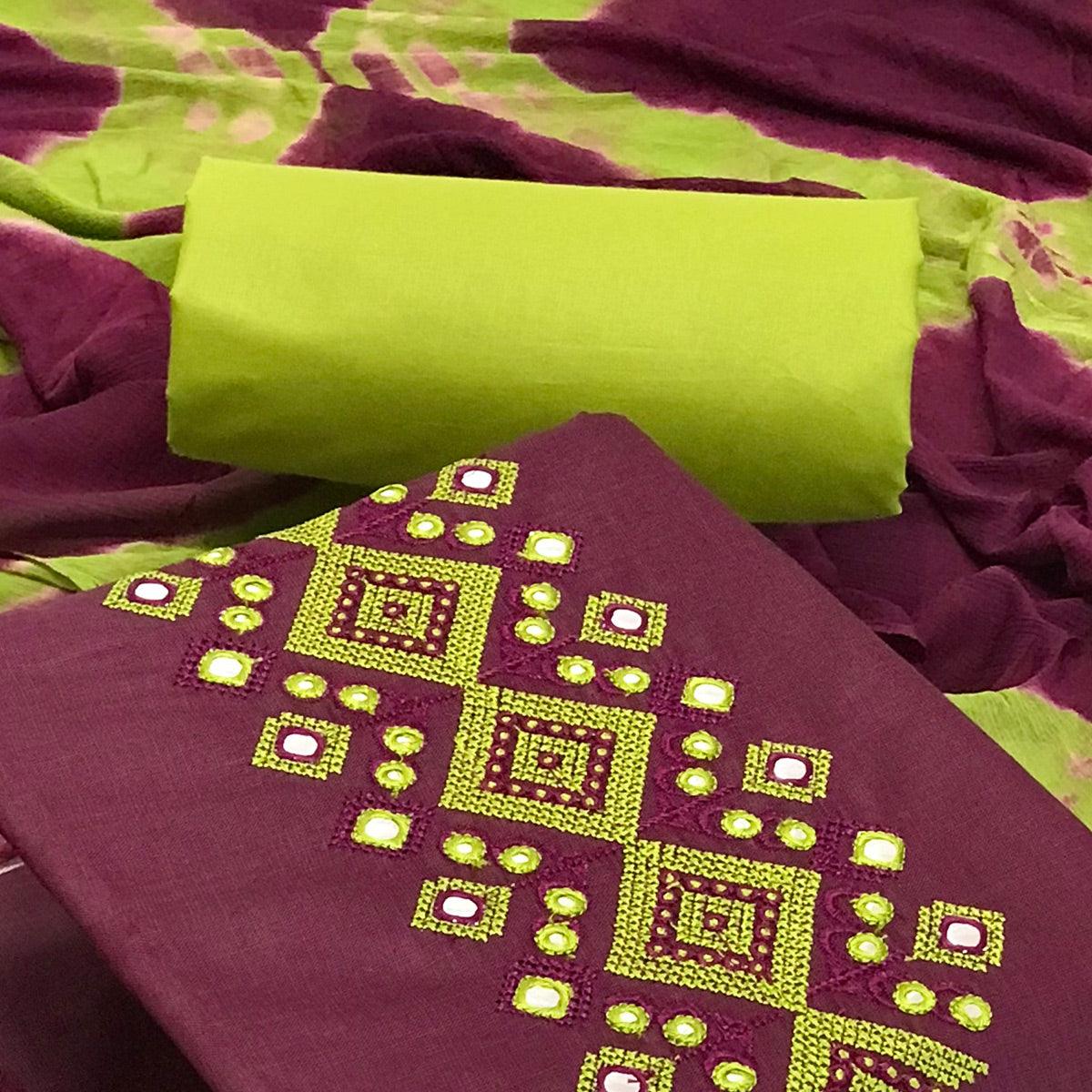 Purple Casual Wear Embroidered Cotton Dress Material - Peachmode