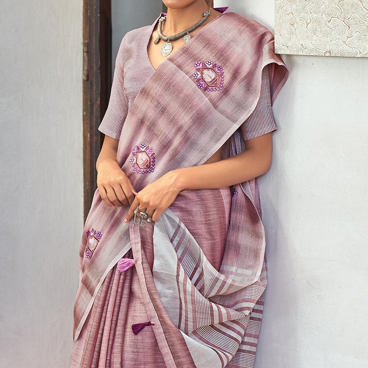 Purple Casual Wear Embroidered Linen Saree With Tassels - Peachmode