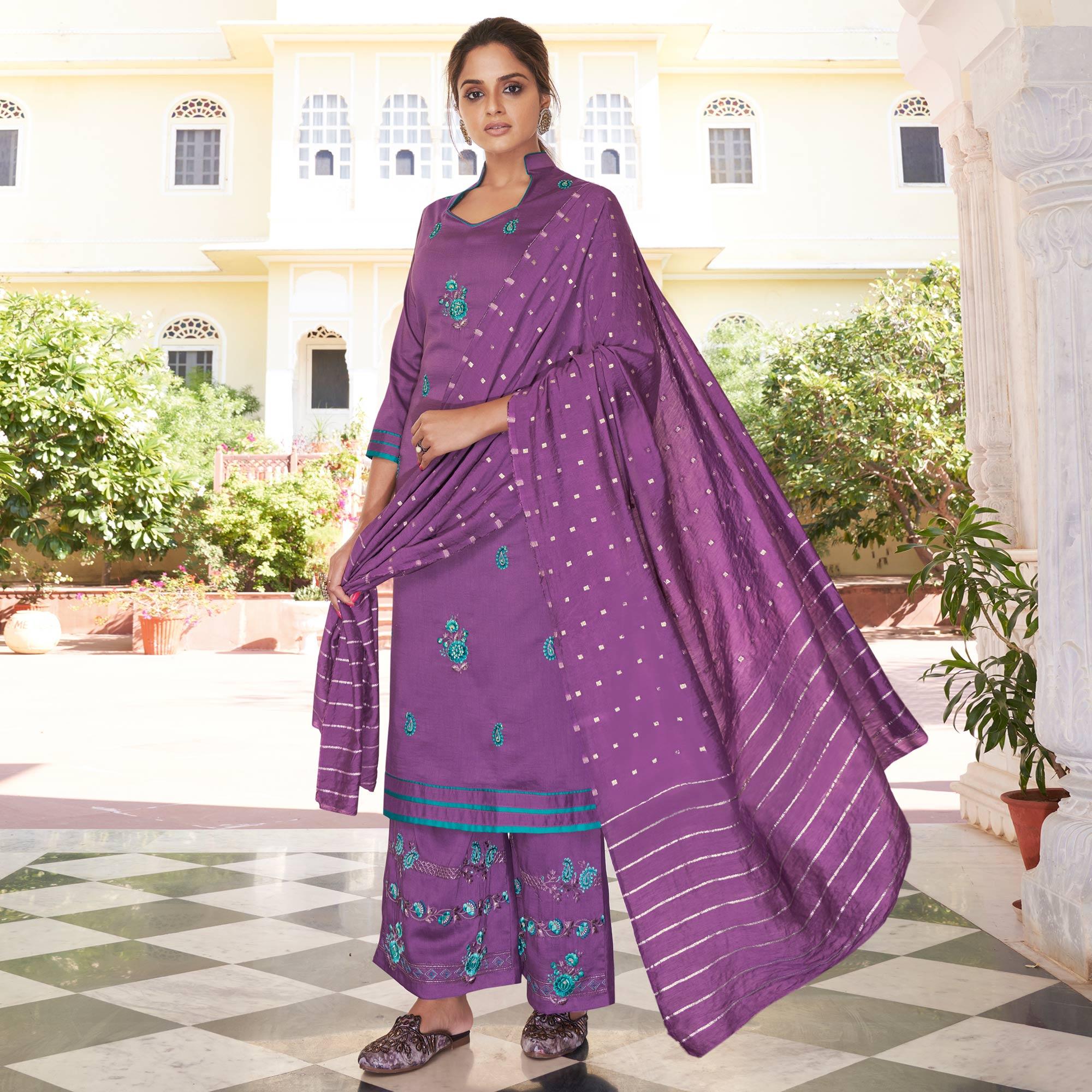 Purple Casual Wear Embroidered Pure Modal Viscose Palazzo Suit - Peachmode