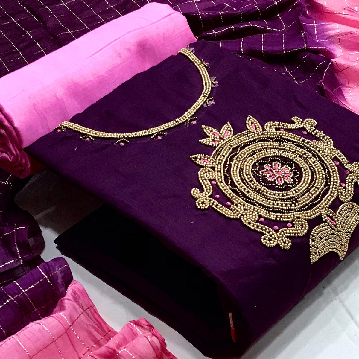 Purple Casual Wear Floral embellished Handwork Chanderi Dress Material - Peachmode