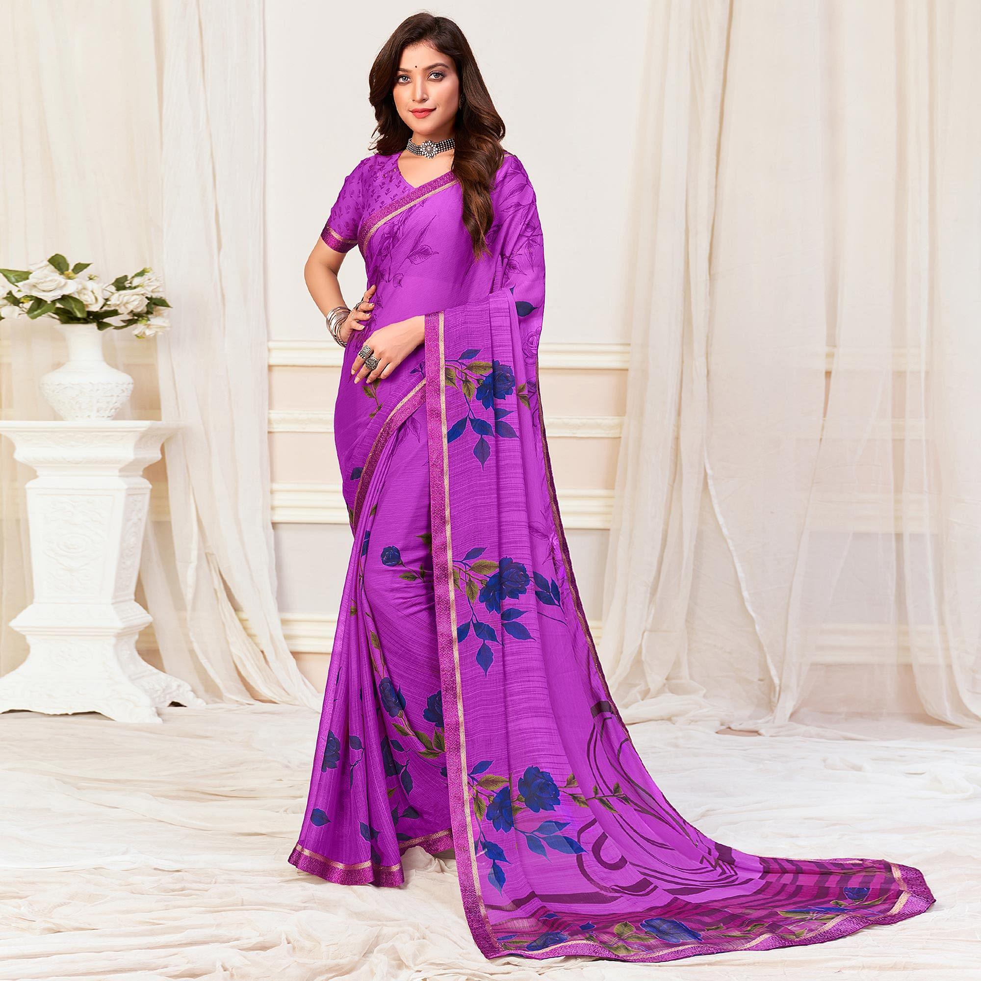 Purple Casual Wear Floral Printed Chiffon Saree - Peachmode